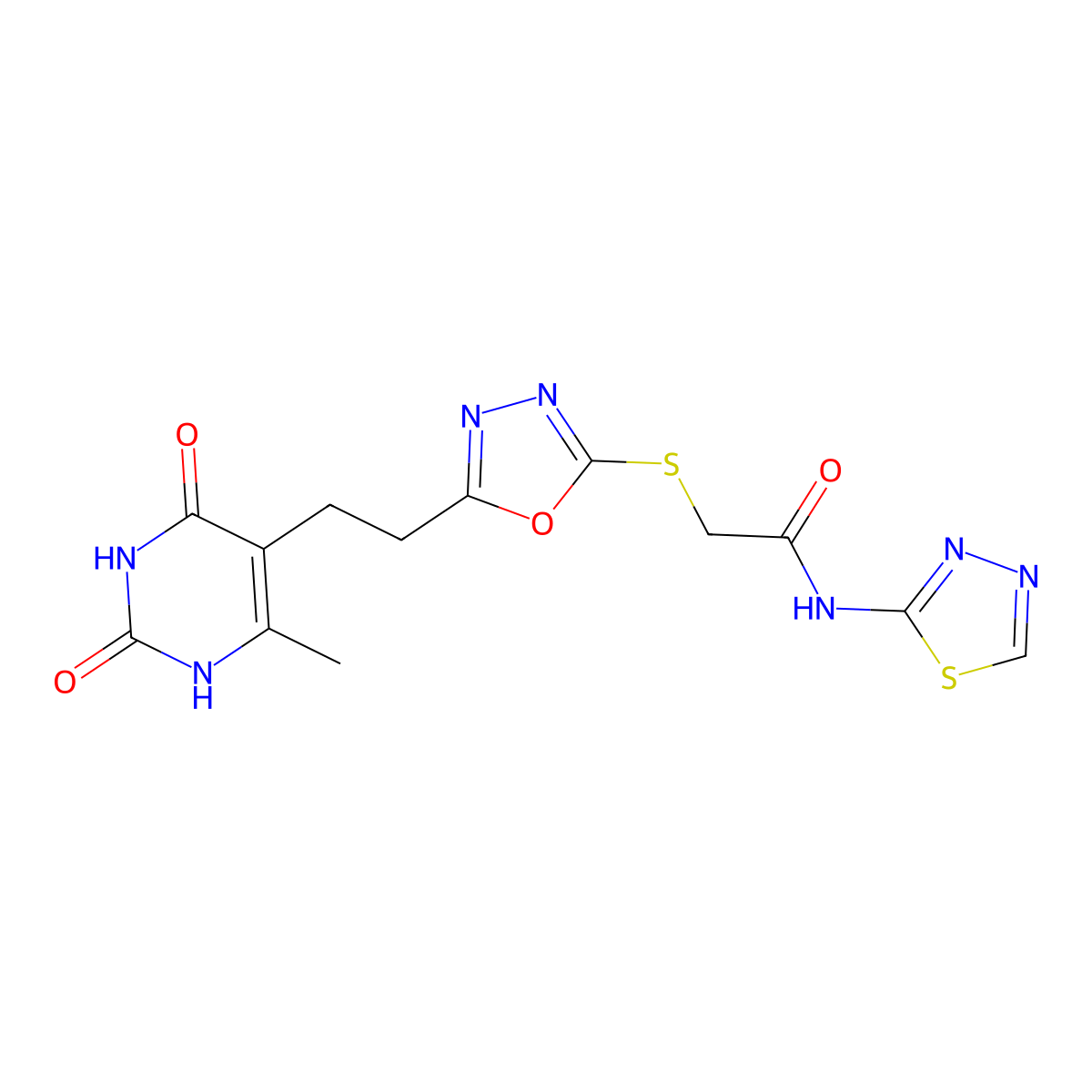 2-((5-(2-(6-methyl-2,4-dioxo-1,2,3,4-tetrahydropyrimidin-5-yl)ethyl)-1,3,4-oxadiazol-2-yl)thio)-N-(1,3,4-thiadiazol-2-yl)acetamide molecular structure, CAS 1172801-88-5