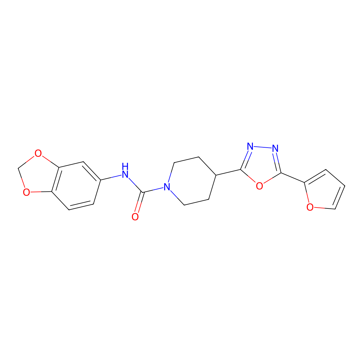 N-(benzo[d][1,3]dioxol-5-yl)-4-(5-(furan-2-yl)-1,3,4-oxadiazol-2-yl)piperidine-1-carboxamide molecular structure, CAS 1172802-13-9
