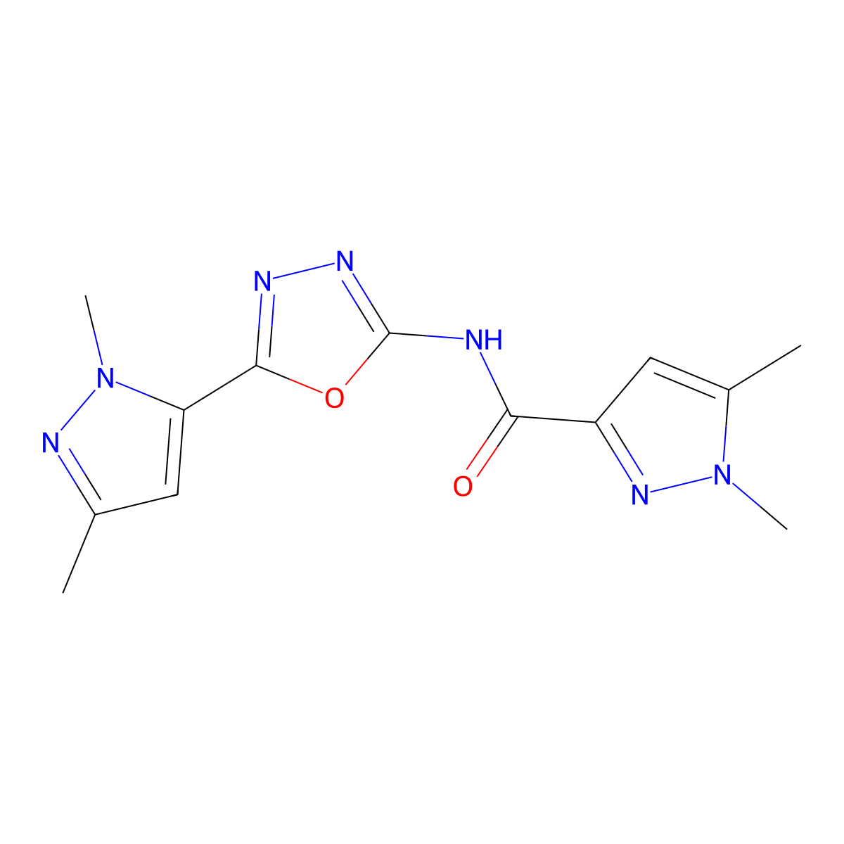 N-[5-(1,3-dimethyl-1H-pyrazol-5-yl)-1,3,4-oxadiazol-2-yl]-1,5-dimethyl-1H-pyrazole-3-carboxamide molecular structure, CAS 1172804-28-2