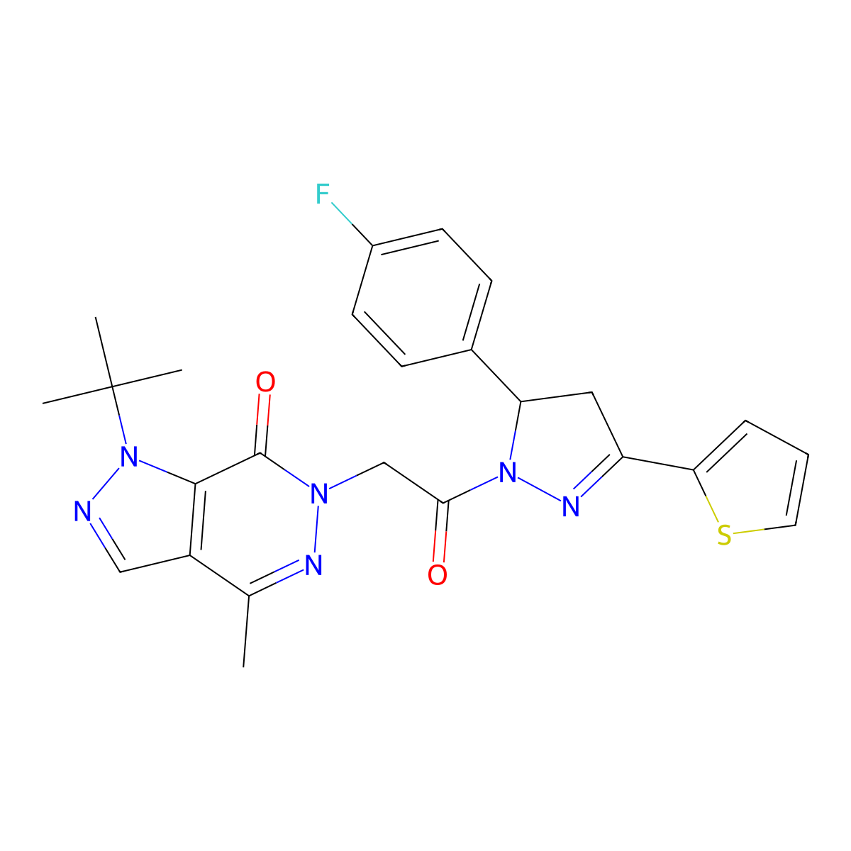 1-(tert-butyl)-6-(2-(5-(4-fluorophenyl)-3-(thiophen-2-yl)-4,5-dihydro-1H-pyrazol-1-yl)-2-oxoethyl)-4-methyl-1H-pyrazolo[3,4-d]pyridazin-7(6H)-one molecular structure, CAS 1172804-75-9