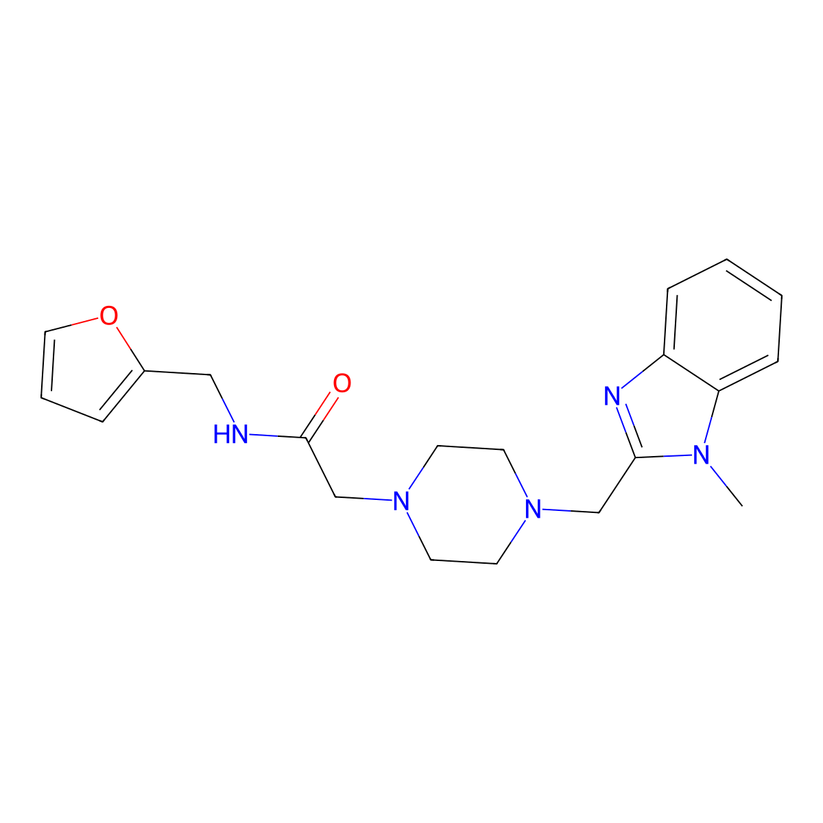 N-(furan-2-ylmethyl)-2-(4-((1-methyl-1H-benzo[d]imidazol-2-yl)methyl)piperazin-1-yl)acetamide molecular structure, CAS 1172807-09-8