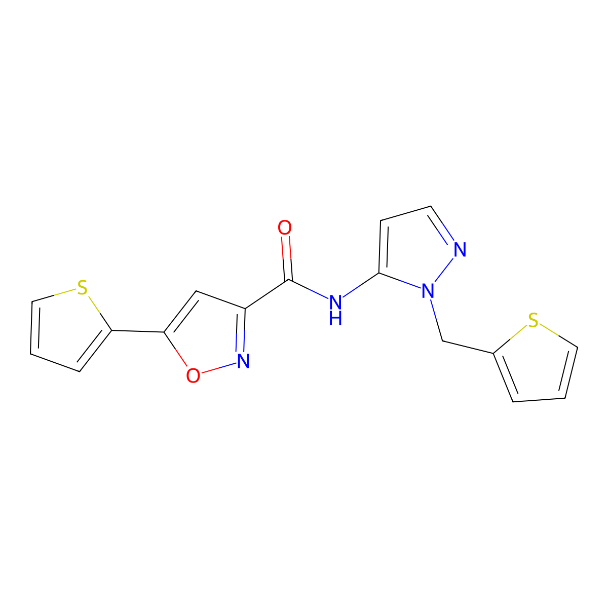 5-(thiophen-2-yl)-N-[1-(thiophen-2-ylmethyl)-1H-pyrazol-5-yl]-1,2-oxazole-3-carboxamide molecular structure, CAS 1172807-21-4