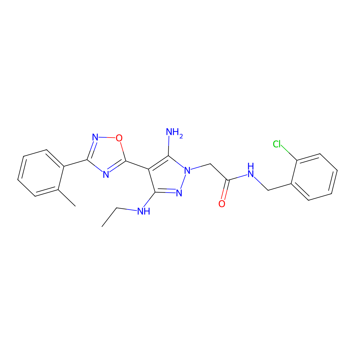 2-(5-amino-3-(ethylamino)-4-(3-(o-tolyl)-1,2,4-oxadiazol-5-yl)-1H-pyrazol-1-yl)-N-(2-chlorobenzyl)acetamide molecular structure, CAS 1172810-25-1