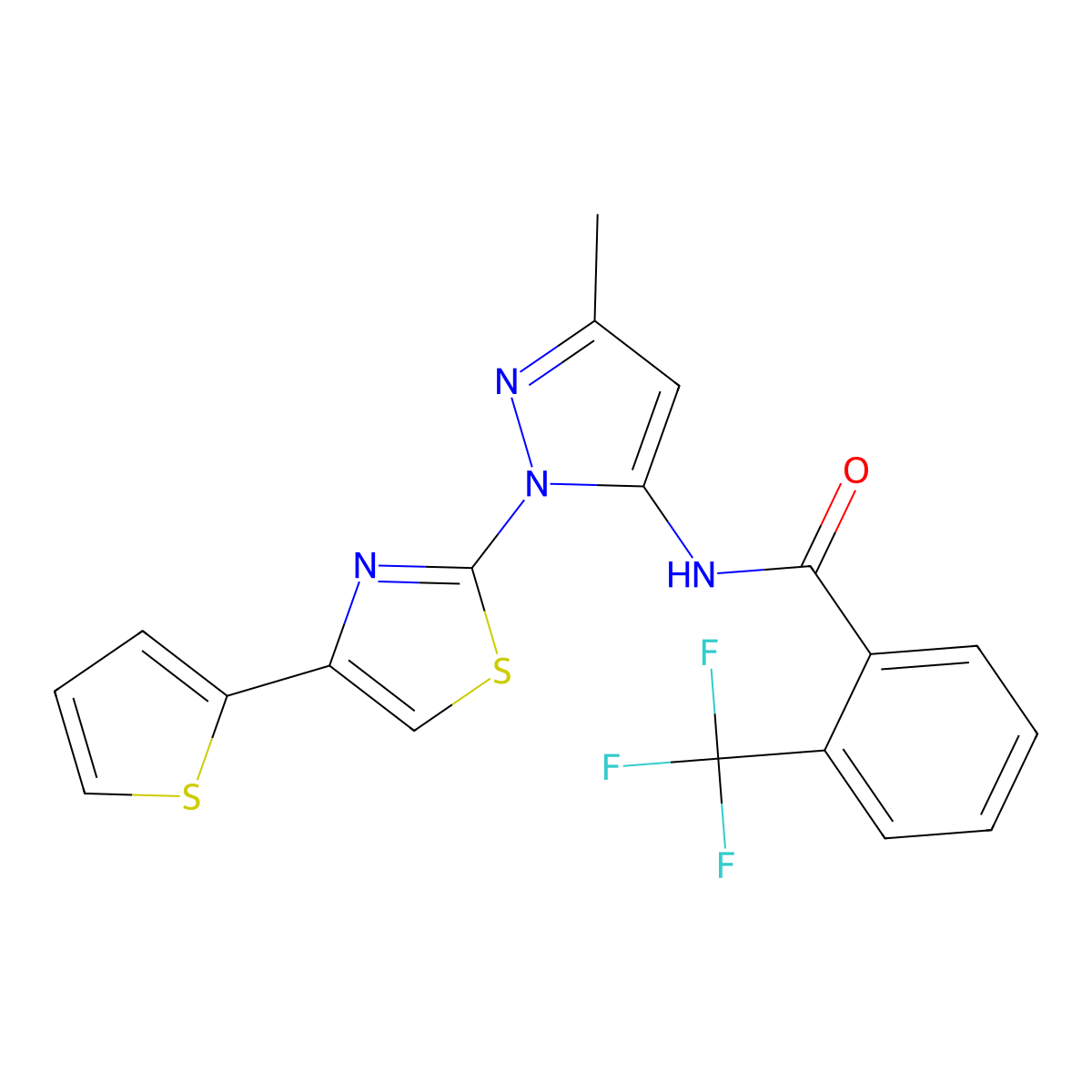 N-{3-methyl-1-[4-(thiophen-2-yl)-1,3-thiazol-2-yl]-1H-pyrazol-5-yl}-2-(trifluoromethyl)benzamide molecular structure, CAS 1172811-10-7
