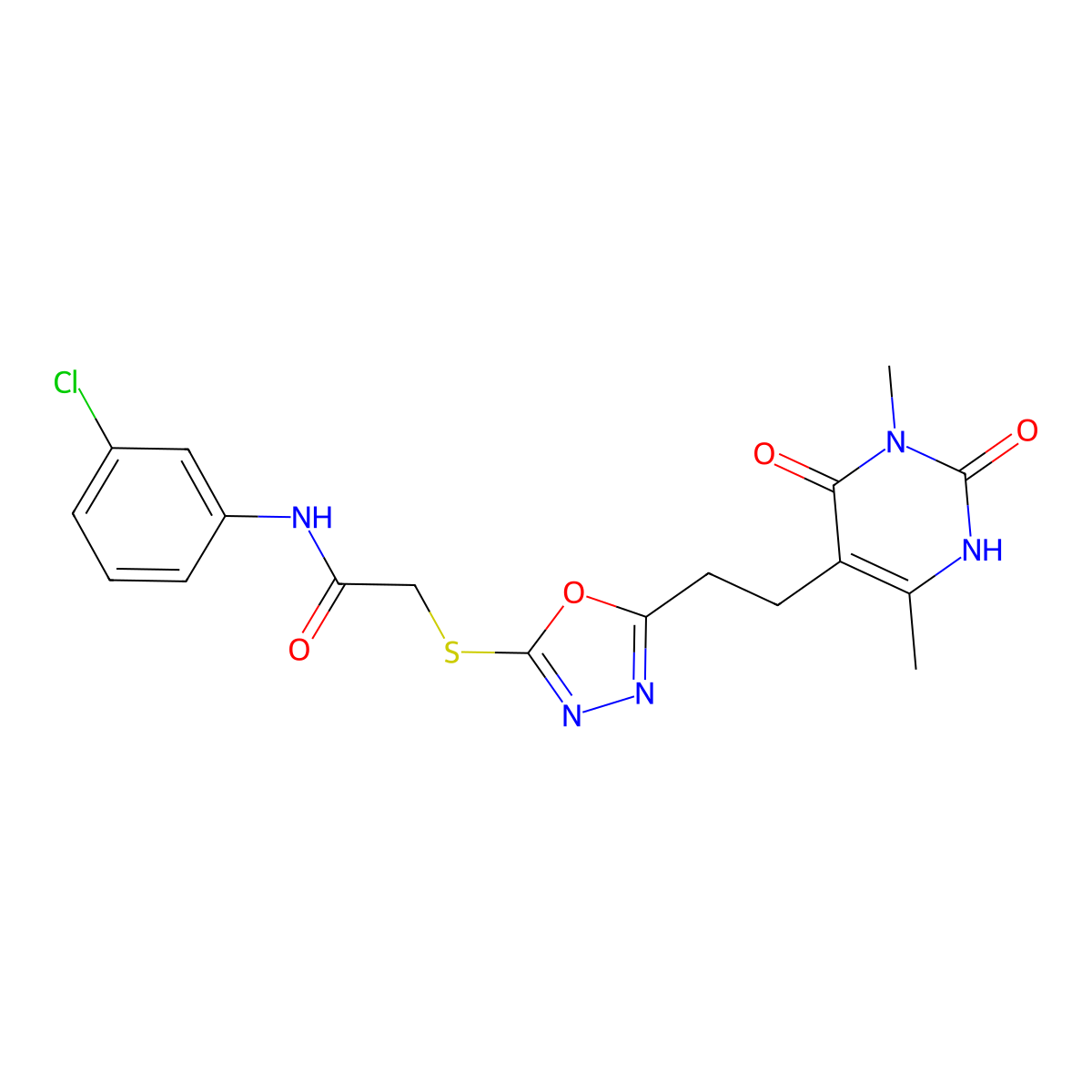 N-(3-chlorophenyl)-2-((5-(2-(3,6-dimethyl-2,4-dioxo-1,2,3,4-tetrahydropyrimidin-5-yl)ethyl)-1,3,4-oxadiazol-2-yl)thio)acetamide molecular structure, CAS 1172811-58-3