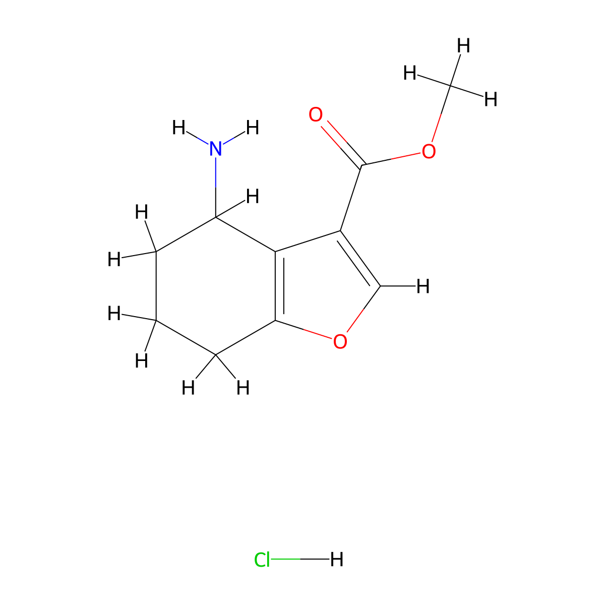 Methyl 4-amino-4,5,6,7-tetrahydrobenzofuran-3-carboxylate hydrochloride molecular structure, CAS 1172813-04-5