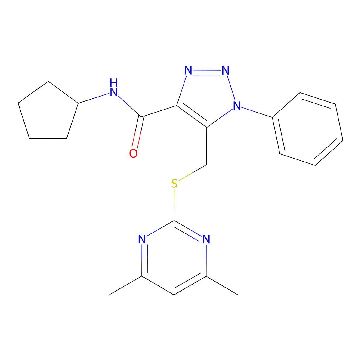 N-cyclopentyl-5-(((4,6-dimethylpyrimidin-2-yl)thio)methyl)-1-phenyl-1H-1,2,3-triazole-4-carboxamide molecular structure, CAS 1172813-54-5