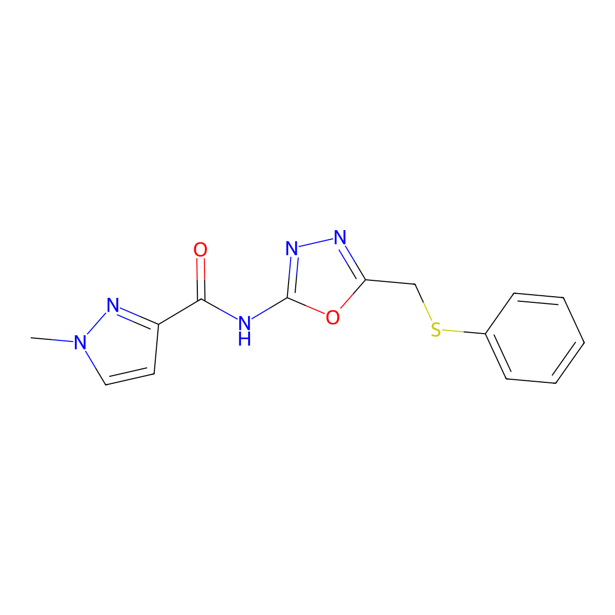 1-methyl-N-(5-((phenylthio)methyl)-1,3,4-oxadiazol-2-yl)-1H-pyrazole-3-carboxamide molecular structure, CAS 1172814-93-5