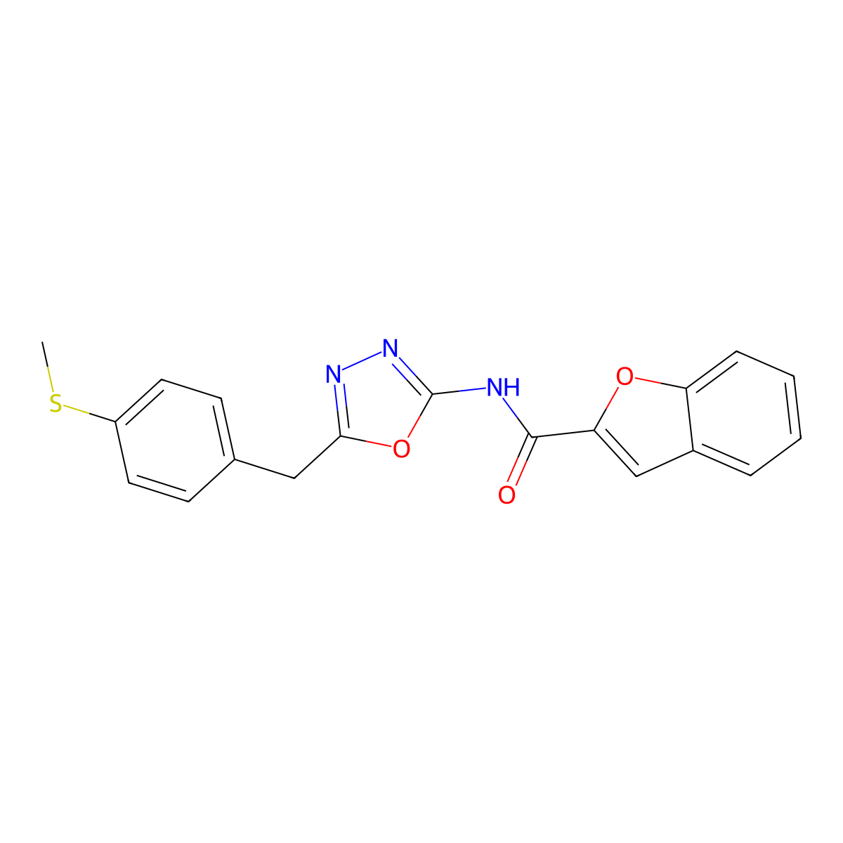 N-(5-(4-(methylthio)benzyl)-1,3,4-oxadiazol-2-yl)benzofuran-2-carboxamide molecular structure, CAS 1172815-80-3
