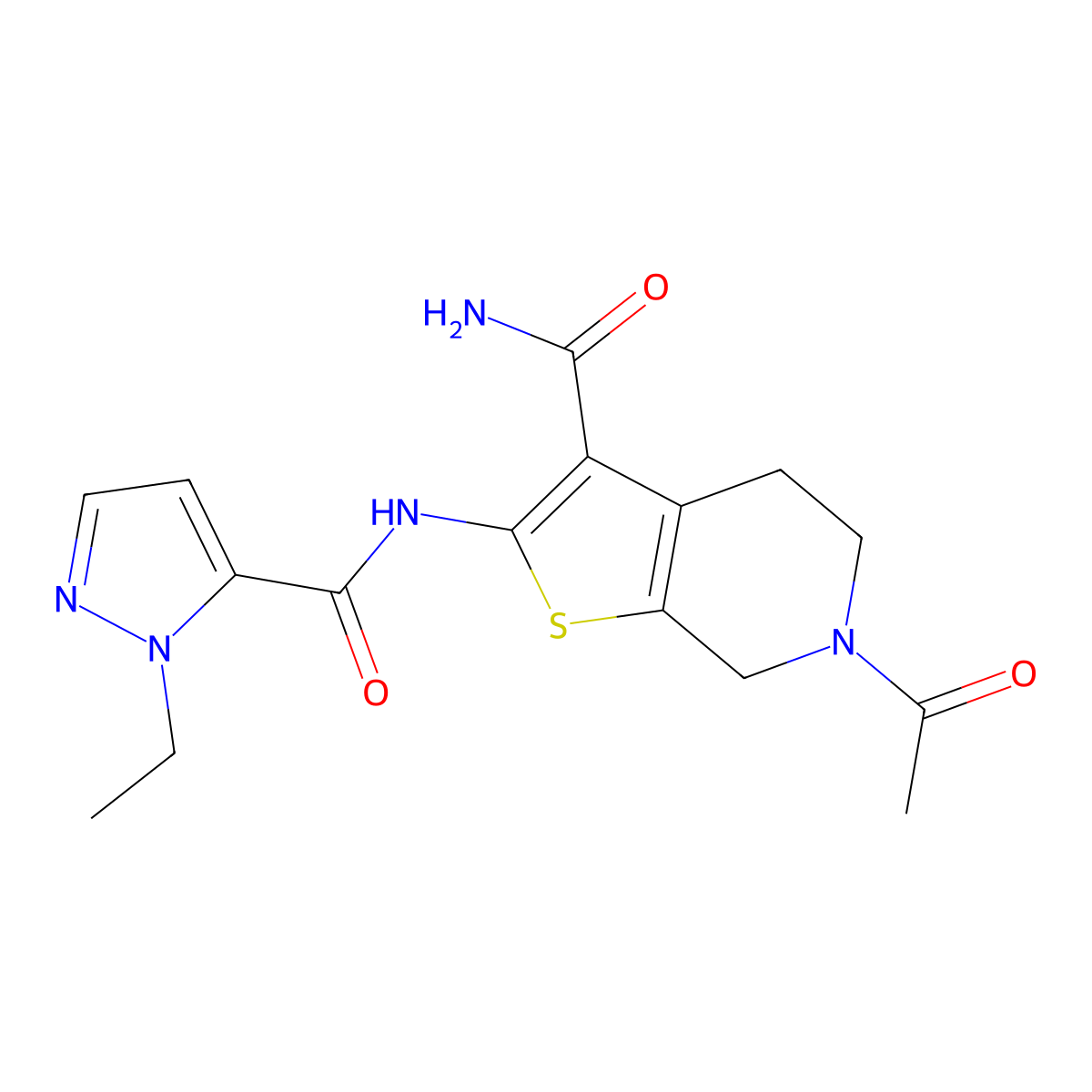 6-acetyl-2-(1-ethyl-1H-pyrazole-5-carboxamido)-4,5,6,7-tetrahydrothieno[2,3-c]pyridine-3-carboxamide molecular structure, CAS 1172817-80-9