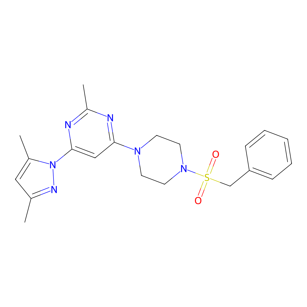 4-(4-(benzylsulfonyl)piperazin-1-yl)-6-(3,5-dimethyl-1H-pyrazol-1-yl)-2-methylpyrimidine molecular structure, CAS 1172821-26-9