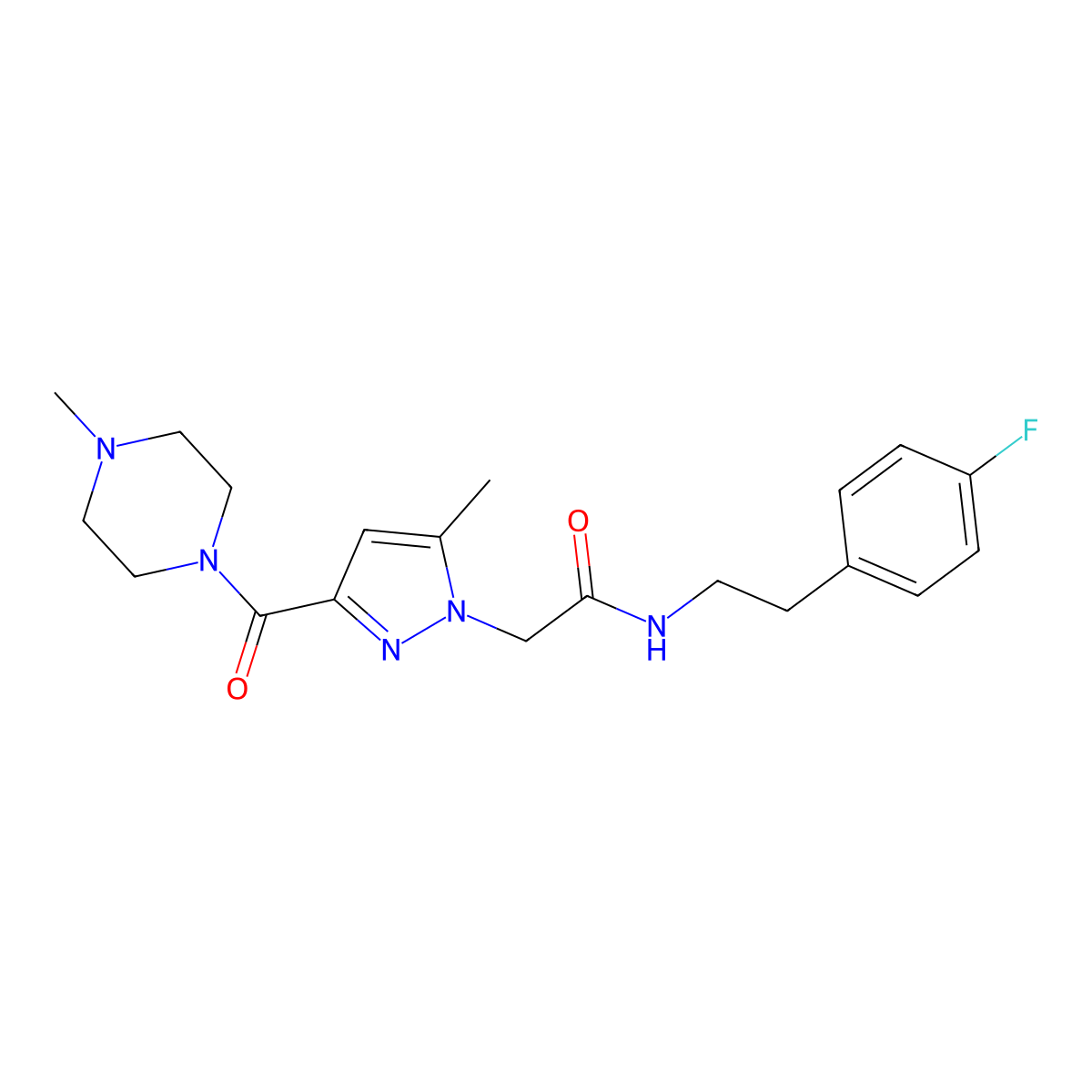 N-(4-fluorophenethyl)-2-(5-methyl-3-(4-methylpiperazine-1-carbonyl)-1H-pyrazol-1-yl)acetamide molecular structure, CAS 1172822-52-4