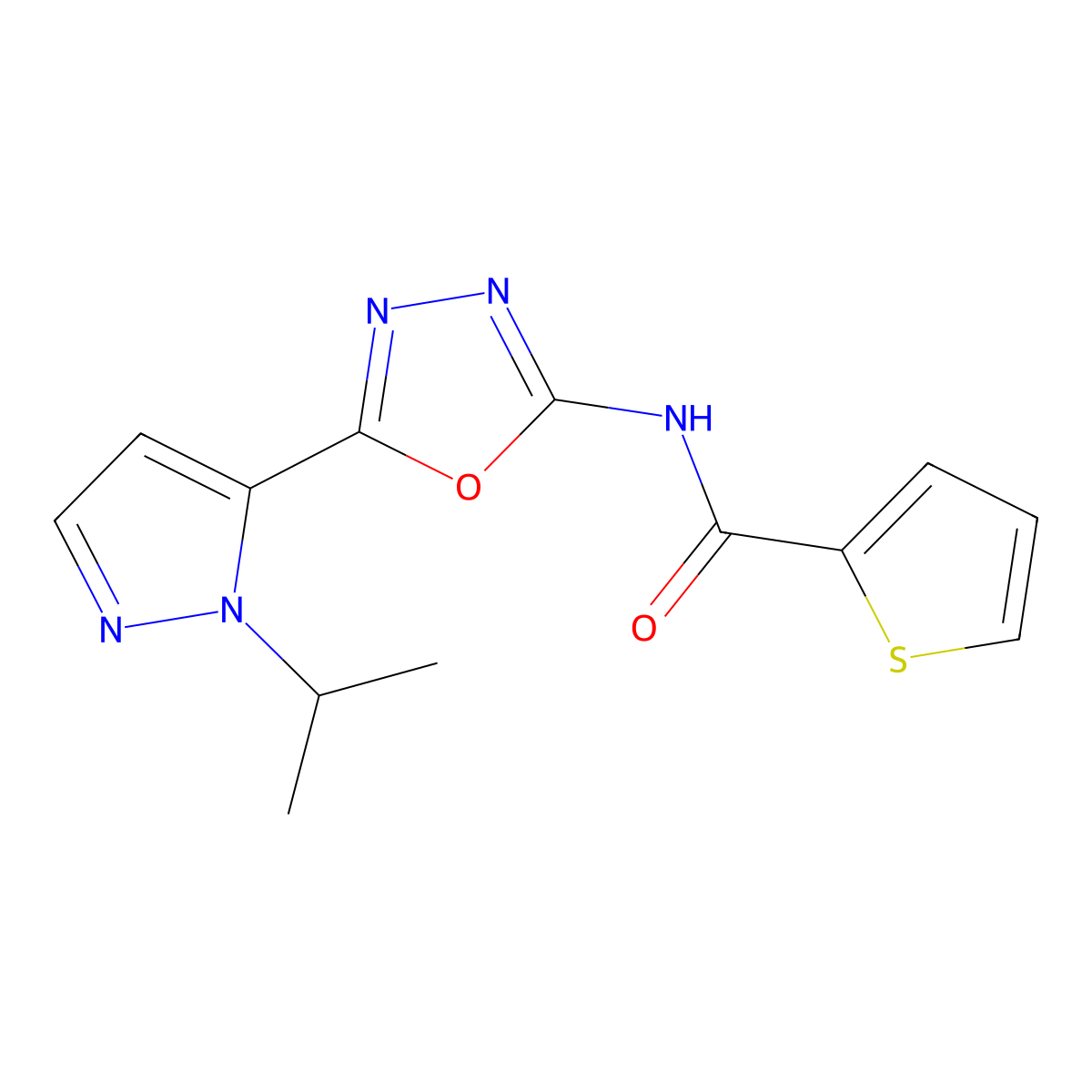 N-(5-(1-isopropyl-1H-pyrazol-5-yl)-1,3,4-oxadiazol-2-yl)thiophene-2-carboxamide molecular structure, CAS 1172823-46-9