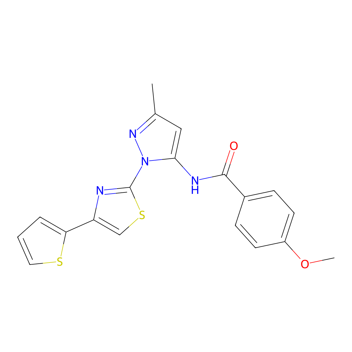 4-methoxy-N-(3-methyl-1-(4-(thiophen-2-yl)thiazol-2-yl)-1H-pyrazol-5-yl)benzamide molecular structure, CAS 1172823-62-9