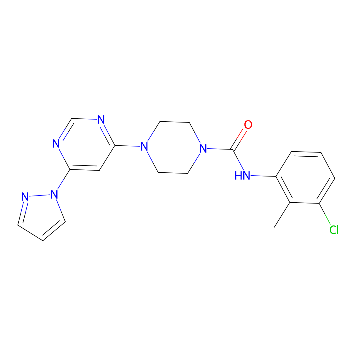 4-(6-(1H-pyrazol-1-yl)pyrimidin-4-yl)-N-(3-chloro-2-methylphenyl)piperazine-1-carboxamide molecular structure, CAS 1172827-00-7