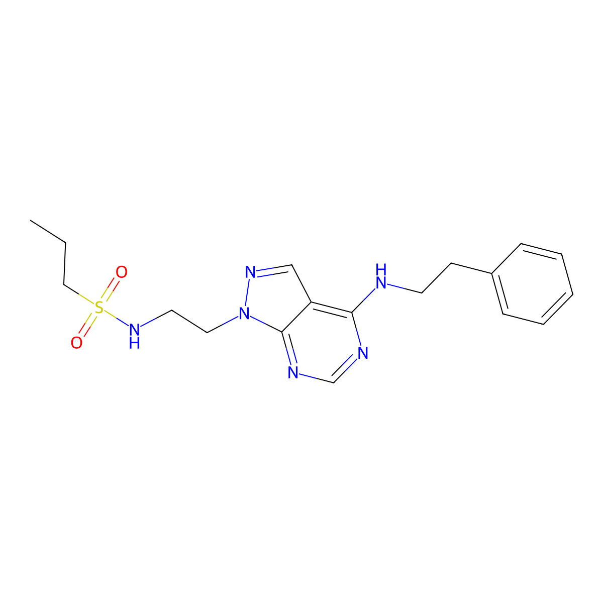 N-(2-(4-(phenethylamino)-1H-pyrazolo[3,4-d]pyrimidin-1-yl)ethyl)propane-1-sulfonamide molecular structure, CAS 1172830-23-7
