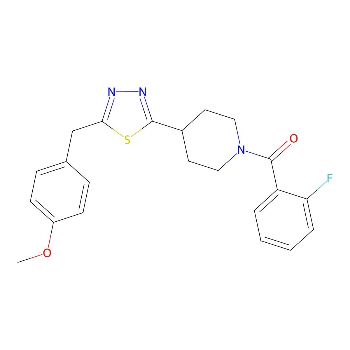 (2-Fluorophenyl)(4-(5-(4-methoxybenzyl)-1,3,4-thiadiazol-2-yl)piperidin-1-yl)methanone molecular structure, CAS 1172834-38-6