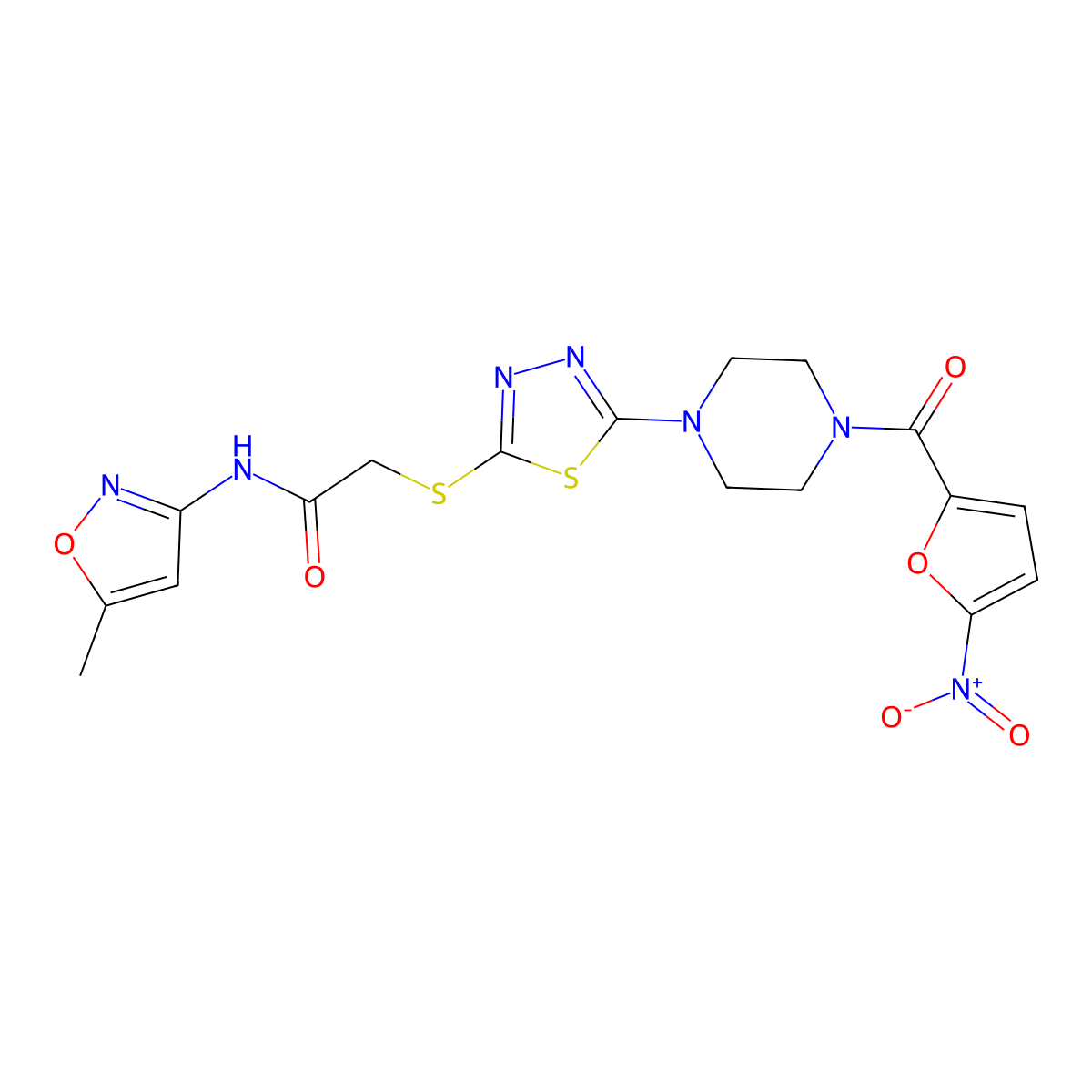 N-(5-methylisoxazol-3-yl)-2-((5-(4-(5-nitrofuran-2-carbonyl)piperazin-1-yl)-1,3,4-thiadiazol-2-yl)thio)acetamide molecular structure, CAS 1172835-83-4