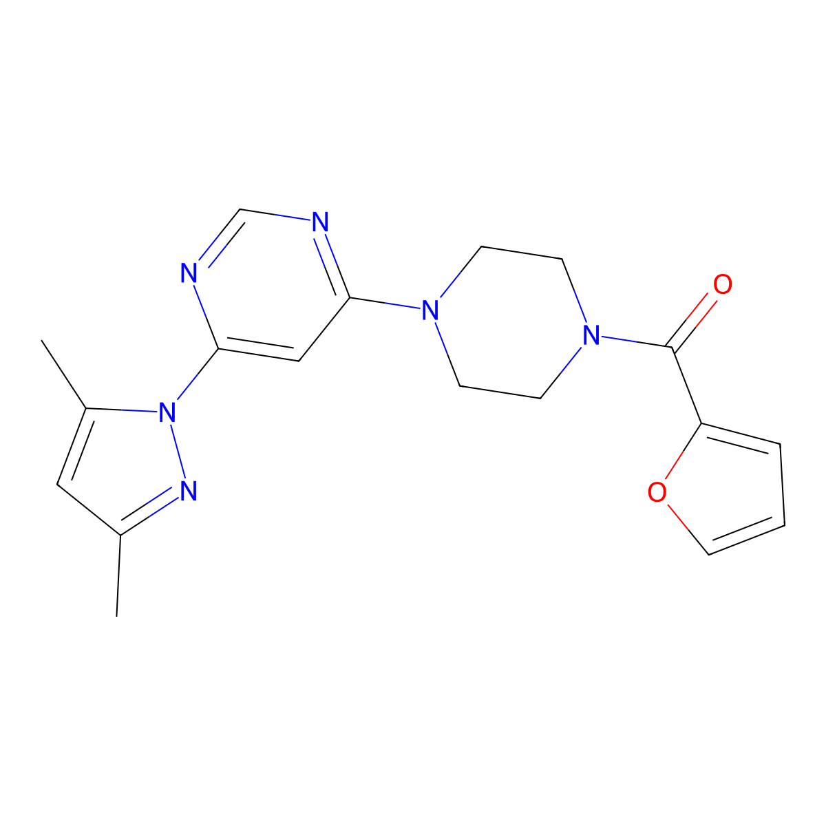 (4-(6-(3,5-dimethyl-1H-pyrazol-1-yl)pyrimidin-4-yl)piperazin-1-yl)(furan-2-yl)methanone molecular structure, CAS 1172837-42-1