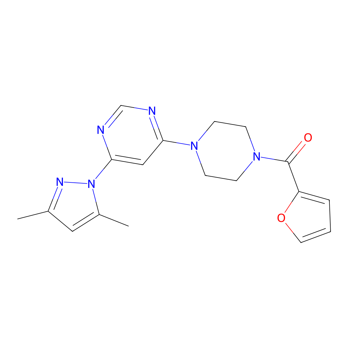 (4-(6-(3,5-dimethyl-1H-pyrazol-1-yl)pyrimidin-4-yl)piperazin-1-yl)(furan-2-yl)methanone molecular structure, CAS 1172837-42-1