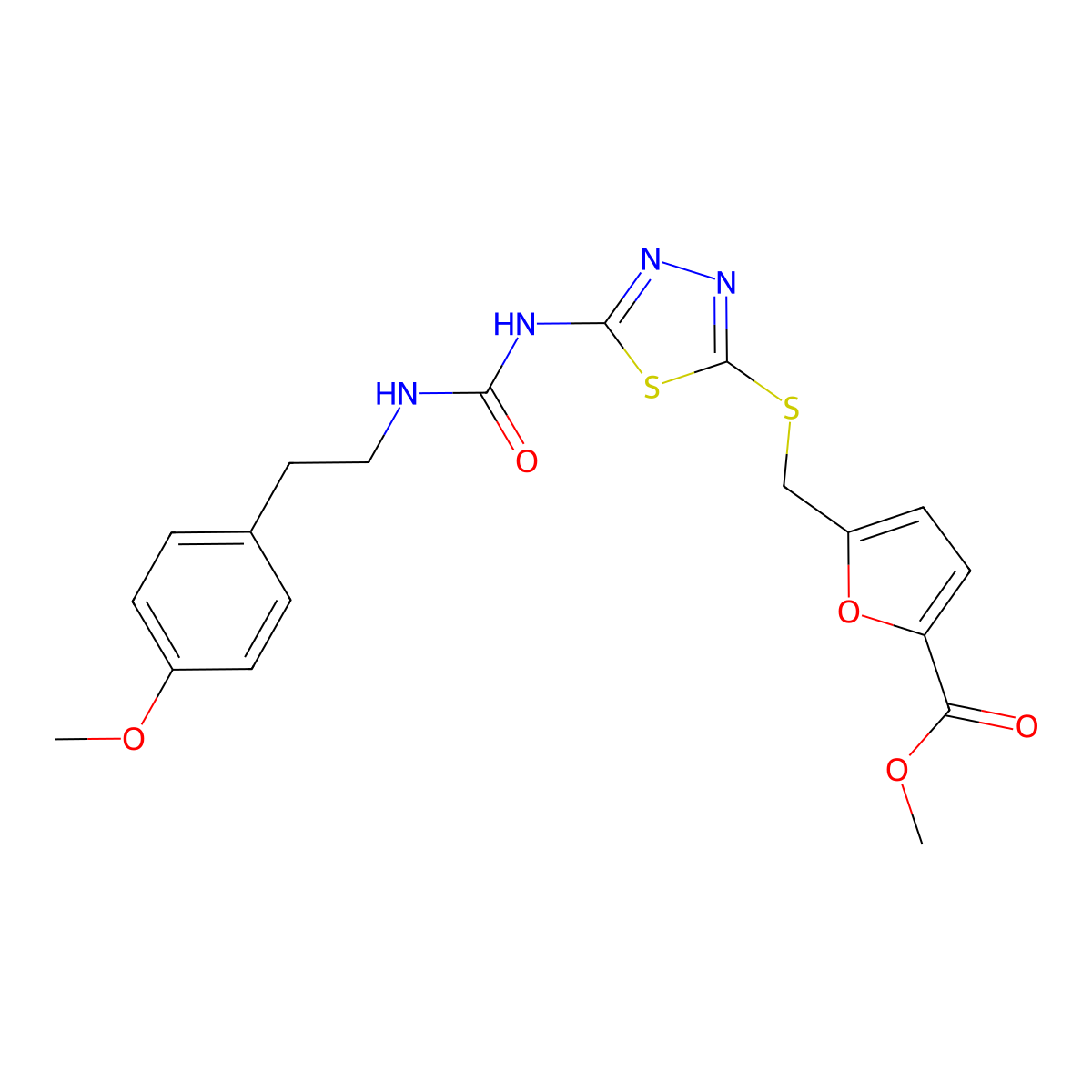 Methyl 5-(((5-(3-(4-methoxyphenethyl)ureido)-1,3,4-thiadiazol-2-yl)thio)methyl)furan-2-carboxylate molecular structure, CAS 1172841-22-3