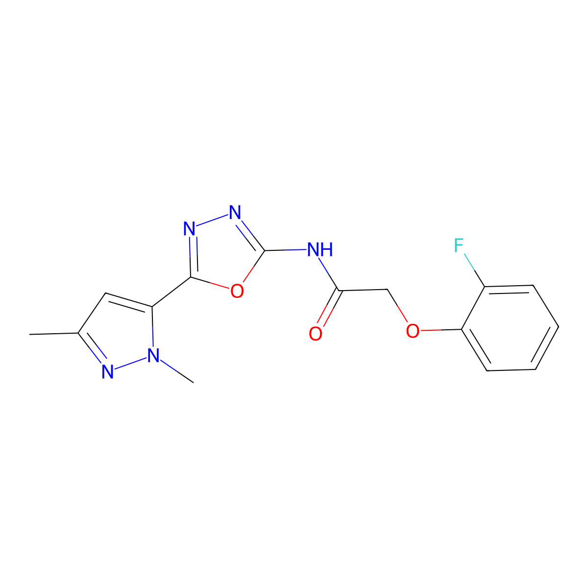 N-(5-(1,3-dimethyl-1H-pyrazol-5-yl)-1,3,4-oxadiazol-2-yl)-2-(2-fluorophenoxy)acetamide molecular structure, CAS 1172841-77-8