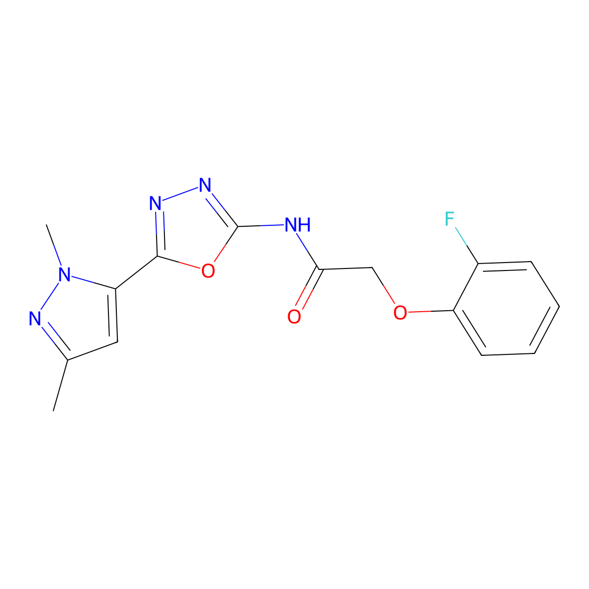 N-(5-(1,3-dimethyl-1H-pyrazol-5-yl)-1,3,4-oxadiazol-2-yl)-2-(2-fluorophenoxy)acetamide molecular structure, CAS 1172841-77-8