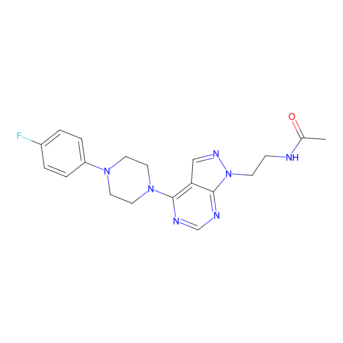 N-(2-(4-(4-(4-fluorophenyl)piperazin-1-yl)-1H-pyrazolo[3,4-d]pyrimidin-1-yl)ethyl)acetamide molecular structure, CAS 1172842-60-2