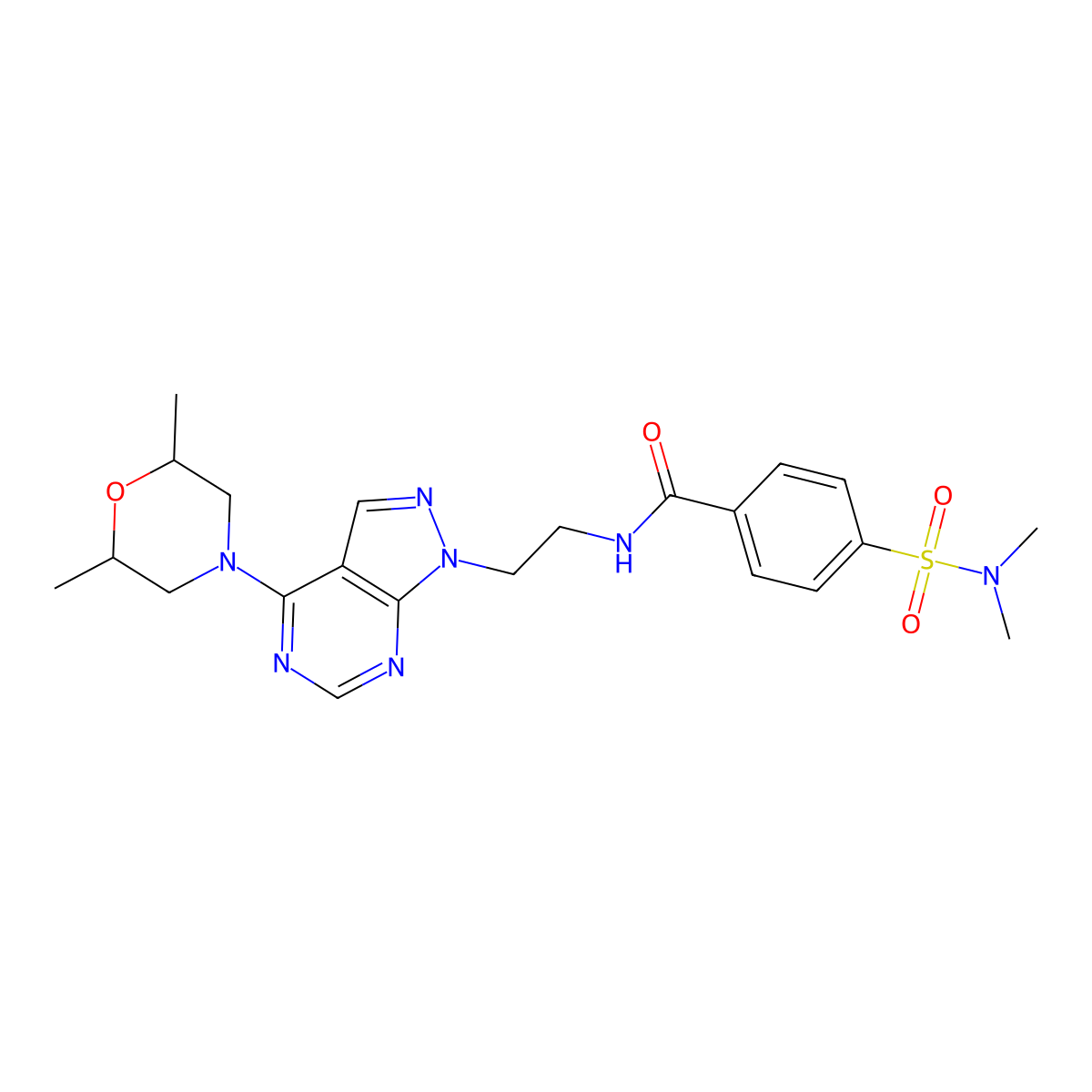 N-(2-(4-(2,6-dimethylmorpholino)-1H-pyrazolo[3,4-d]pyrimidin-1-yl)ethyl)-4-(N,N-dimethylsulfamoyl)benzamide molecular structure, CAS 1172842-75-9