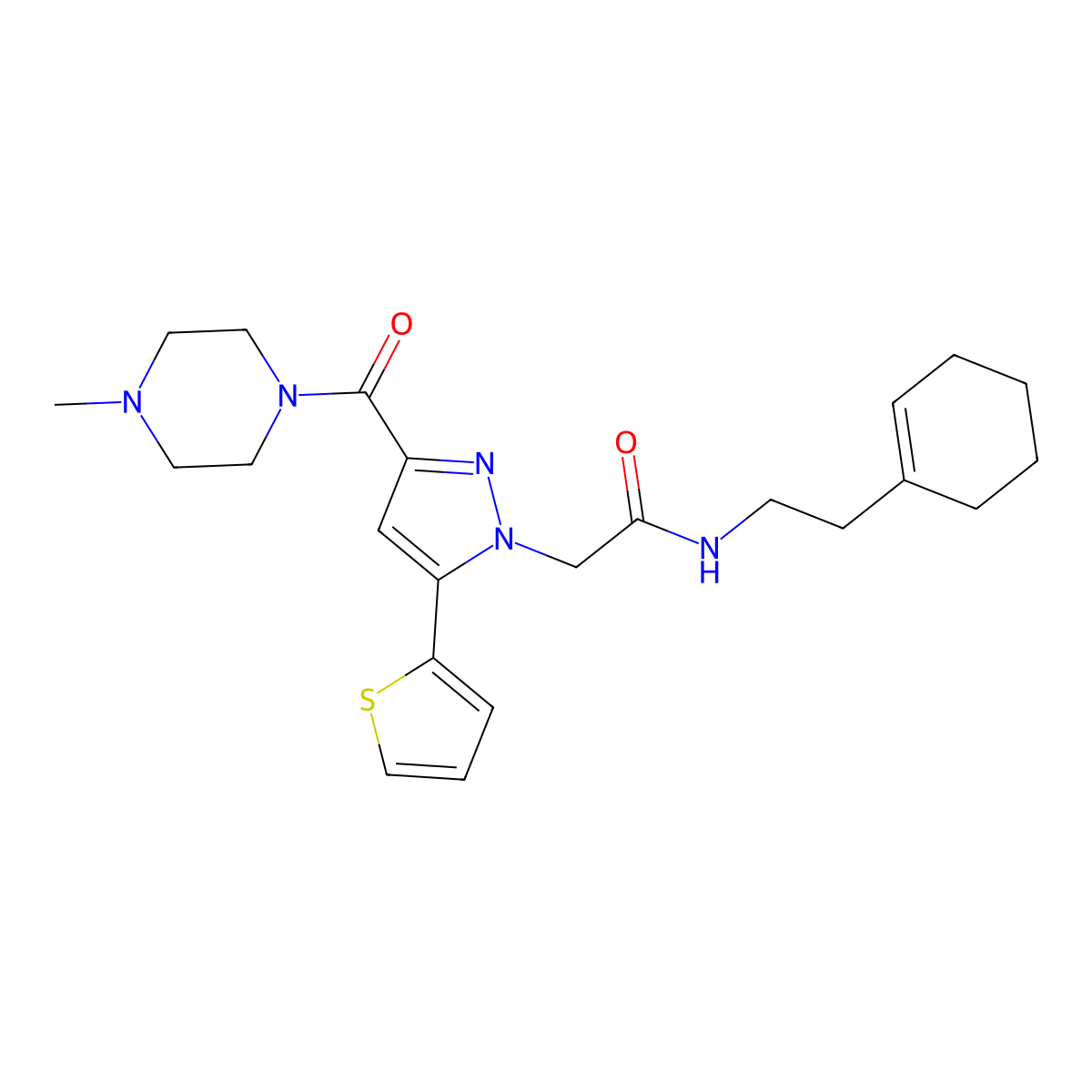 N-(2-(cyclohex-1-en-1-yl)ethyl)-2-(3-(4-methylpiperazine-1-carbonyl)-5-(thiophen-2-yl)-1H-pyrazol-1-yl)acetamide molecular structure, CAS 1172843-62-7