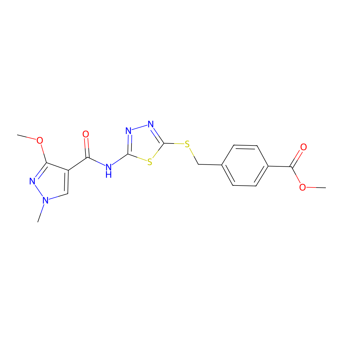 methyl 4-(((5-(3-methoxy-1-methyl-1H-pyrazole-4-carboxamido)-1,3,4-thiadiazol-2-yl)thio)methyl)benzoate molecular structure, CAS 1172855-18-3