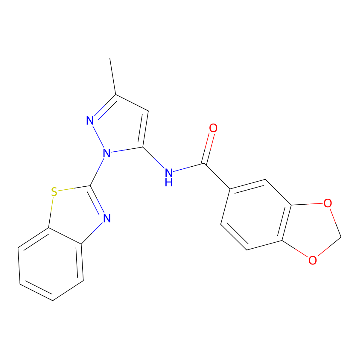 N-(1-(benzo[d]thiazol-2-yl)-3-methyl-1H-pyrazol-5-yl)benzo[d][1,3]dioxole-5-carboxamide molecular structure, CAS 1172861-46-9