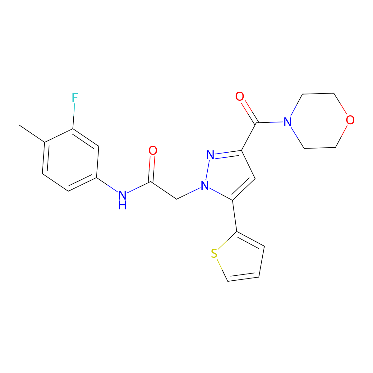 N-(3-fluoro-4-methylphenyl)-2-(3-(morpholine-4-carbonyl)-5-(thiophen-2-yl)-1H-pyrazol-1-yl)acetamide molecular structure, CAS 1172864-94-6