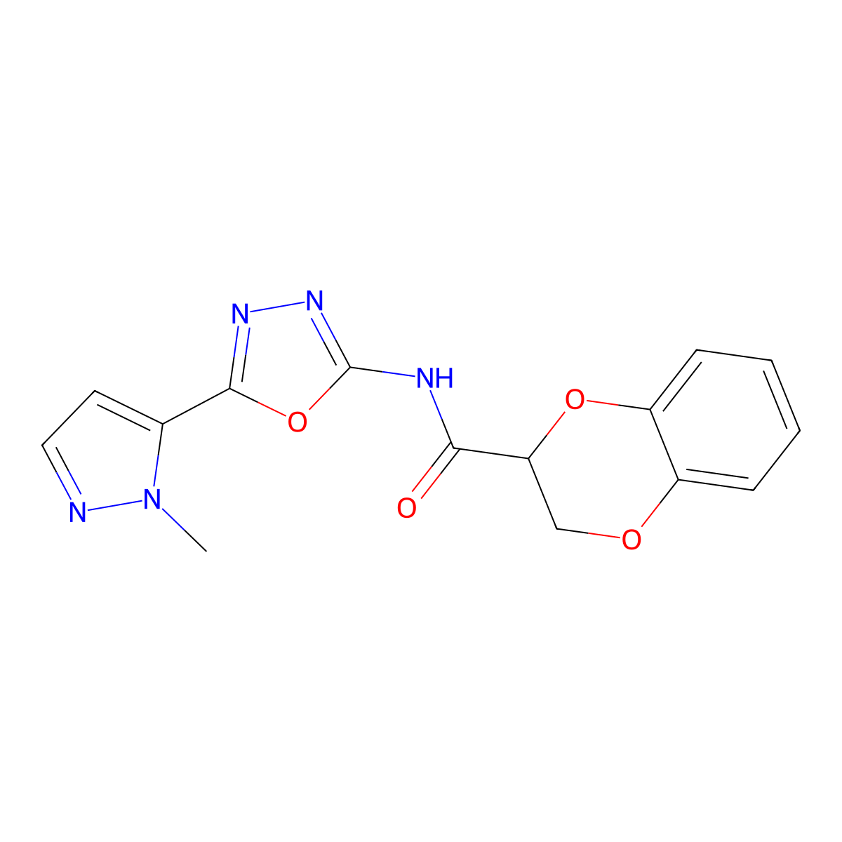 N-(5-(1-methyl-1H-pyrazol-5-yl)-1,3,4-oxadiazol-2-yl)-2,3-dihydrobenzo[b][1,4]dioxine-2-carboxamide molecular structure, CAS 1172867-55-8