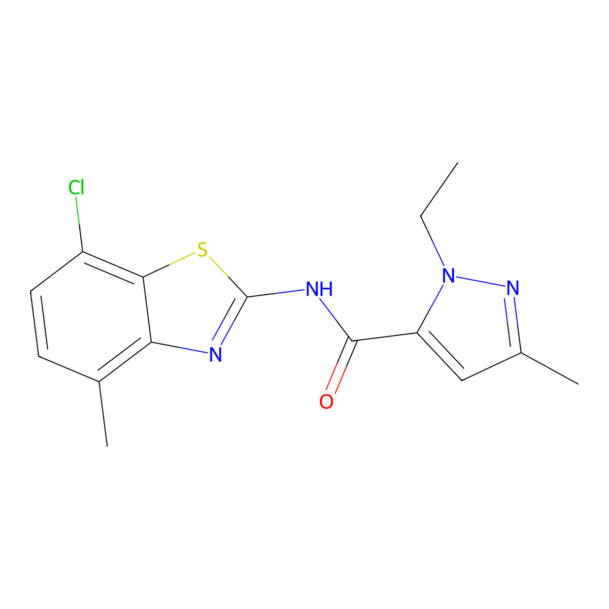 N-(7-chloro-4-methylbenzo[d]thiazol-2-yl)-1-ethyl-3-methyl-1H-pyrazole-5-carboxamide molecular structure, CAS 1172867-99-0