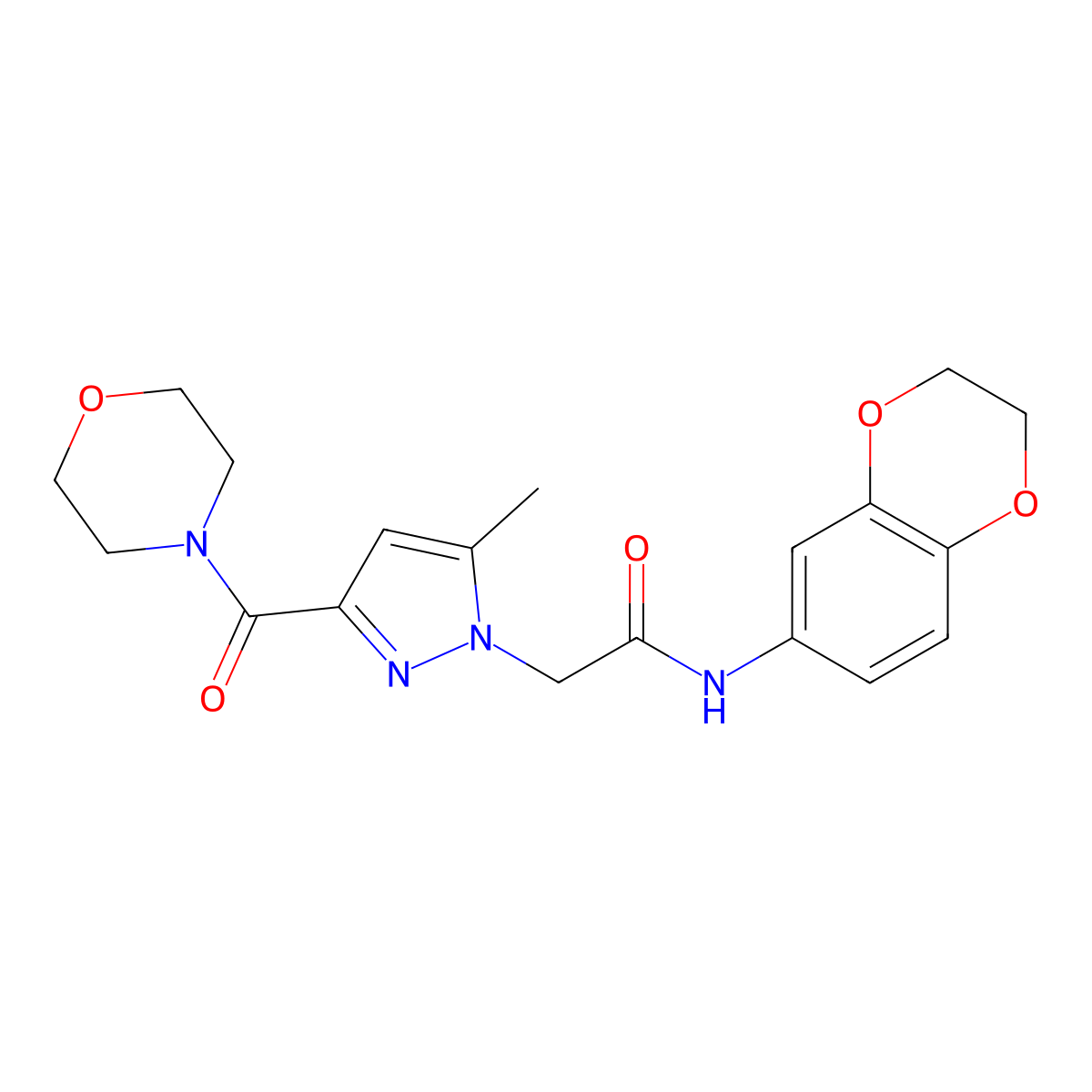 N-(2,3-dihydrobenzo[b][1,4]dioxin-6-yl)-2-(5-methyl-3-(morpholine-4-carbonyl)-1H-pyrazol-1-yl)acetamide molecular structure, CAS 1172868-15-3