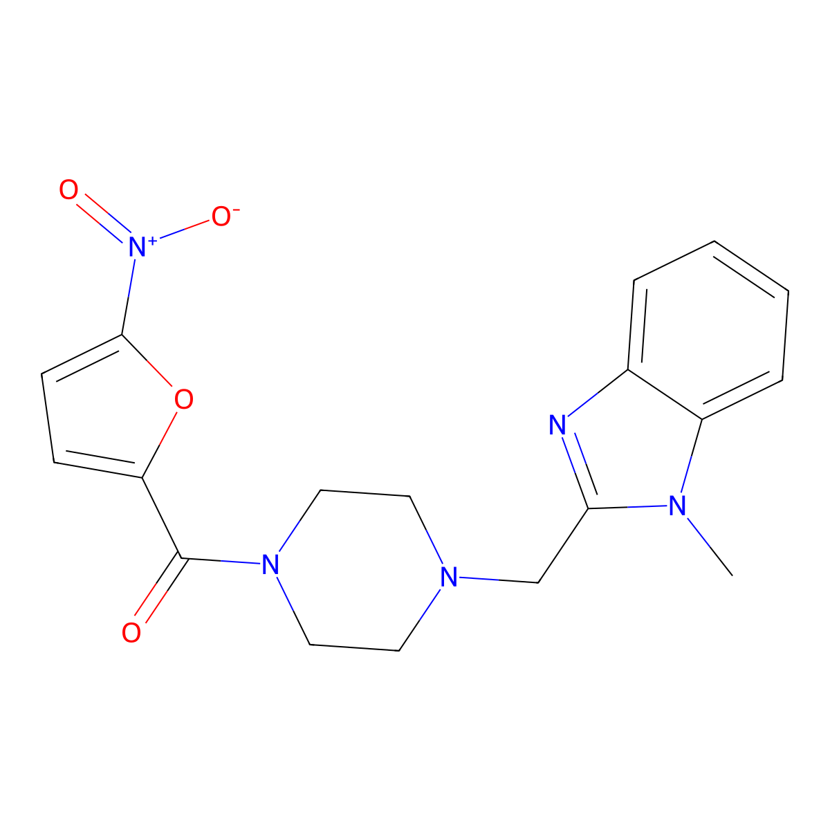 (4-((1-methyl-1H-benzo[d]imidazol-2-yl)methyl)piperazin-1-yl)(5-nitrofuran-2-yl)methanone molecular structure, CAS 1172870-18-6