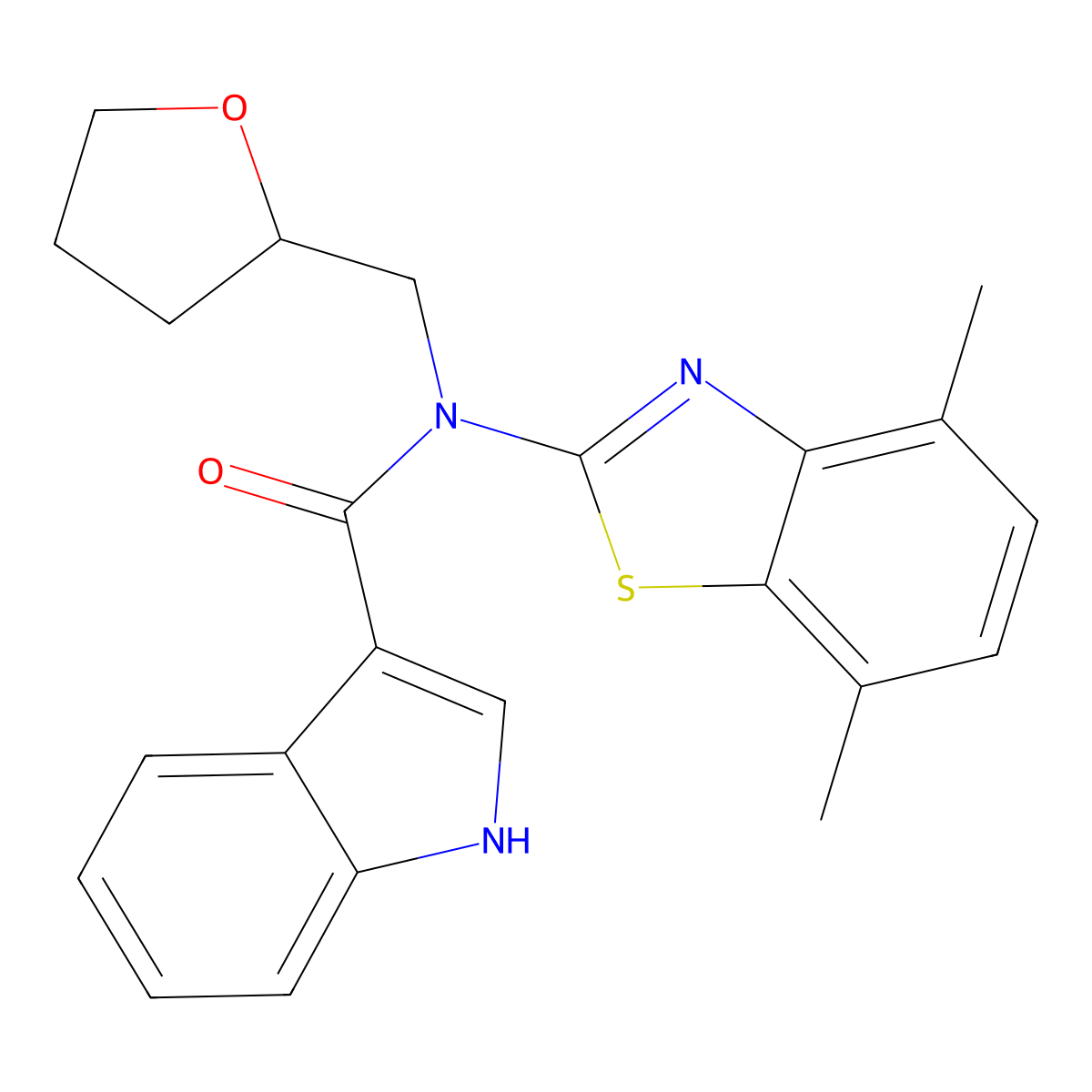 N-(4,7-dimethylbenzo[d]thiazol-2-yl)-N-((tetrahydrofuran-2-yl)methyl)-1H-indole-3-carboxamide molecular structure, CAS 1172871-65-6