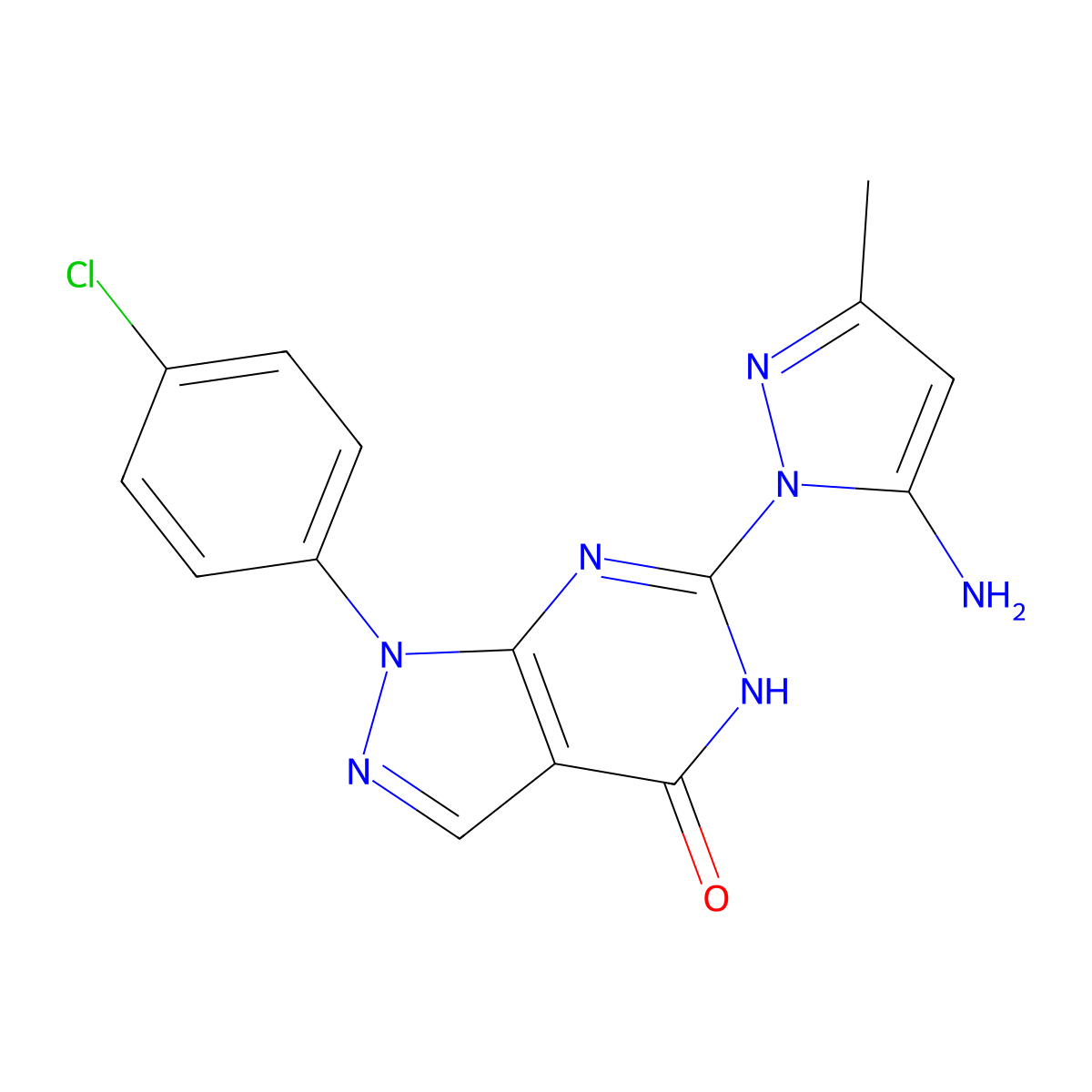 6-(5-amino-3-methyl-1H-pyrazol-1-yl)-1-(4-chlorophenyl)-1H-pyrazolo[3,4-d]pyrimidin-4(5H)-one molecular structure, CAS 1172872-30-8