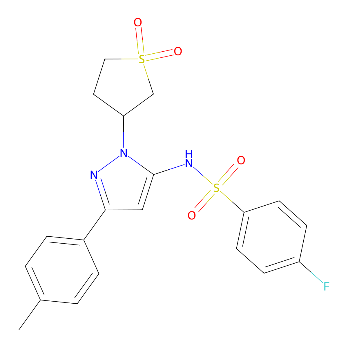 N-[1-(1,1-dioxo-1lambda6-thiolan-3-yl)-3-(4-methylphenyl)-1H-pyrazol-5-yl]-4-fluorobenzene-1-sulfonamide molecular structure, CAS 1172873-16-3