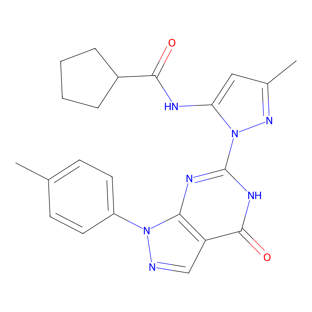 N-(3-methyl-1-(4-oxo-1-(p-tolyl)-4,5-dihydro-1H-pyrazolo[3,4-d]pyrimidin-6-yl)-1H-pyrazol-5-yl)cyclopentanecarboxamide molecular structure, CAS 1172873-64-1