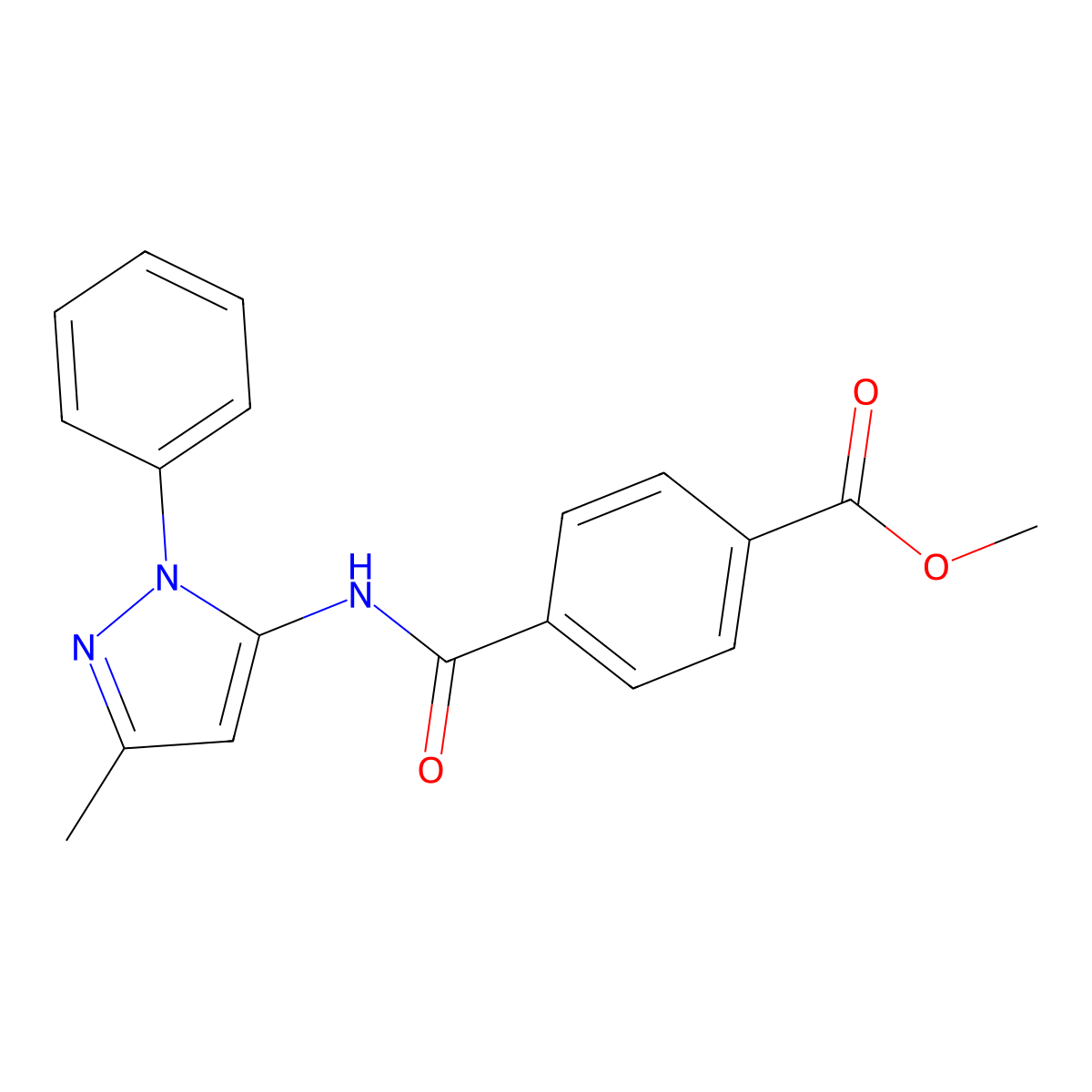 methyl 4-((3-methyl-1-phenyl-1H-pyrazol-5-yl)carbamoyl)benzoate molecular structure, CAS 1172876-74-2