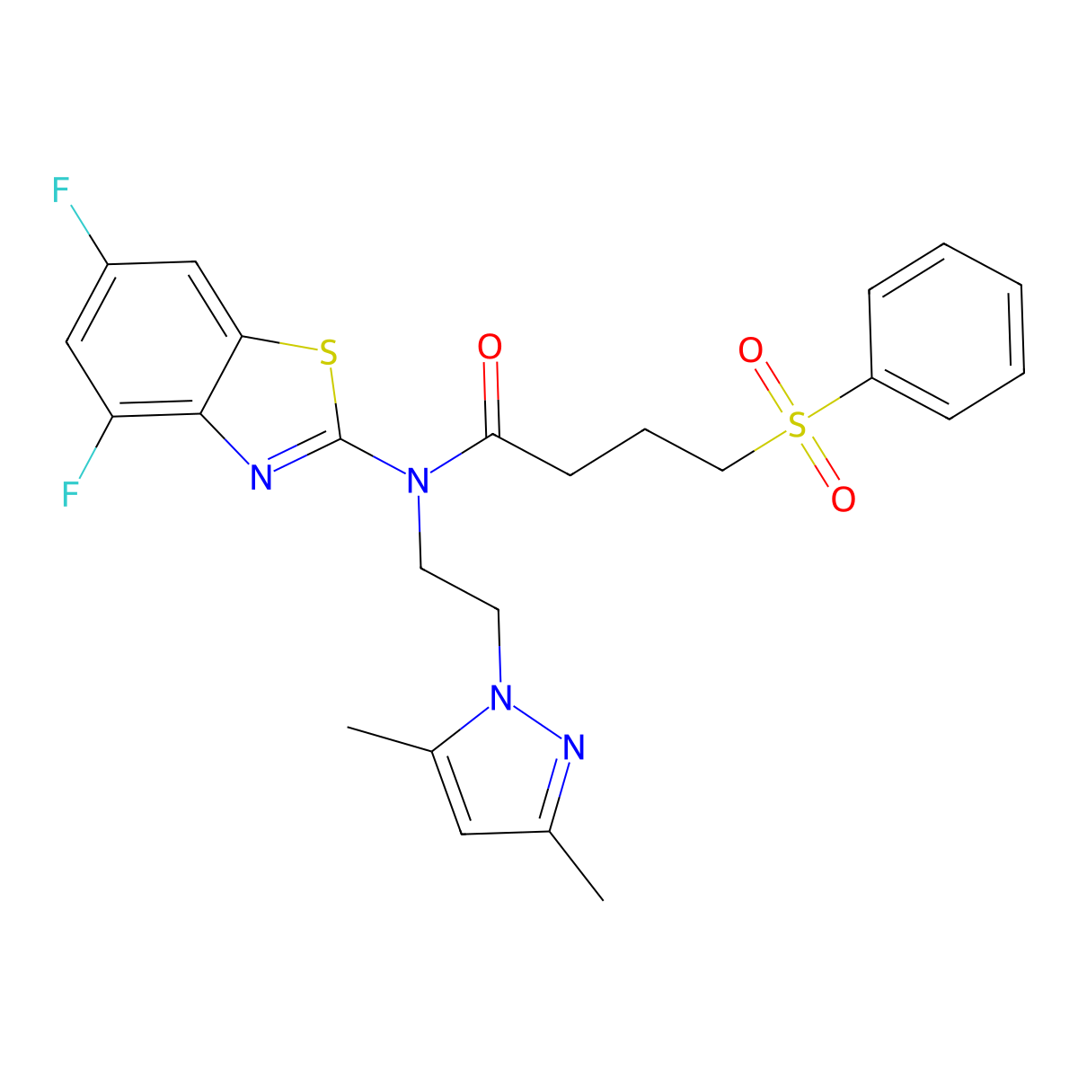 N-(4,6-difluorobenzo[d]thiazol-2-yl)-N-(2-(3,5-dimethyl-1H-pyrazol-1-yl)ethyl)-4-(phenylsulfonyl)butanamide molecular structure, CAS 1172877-63-2