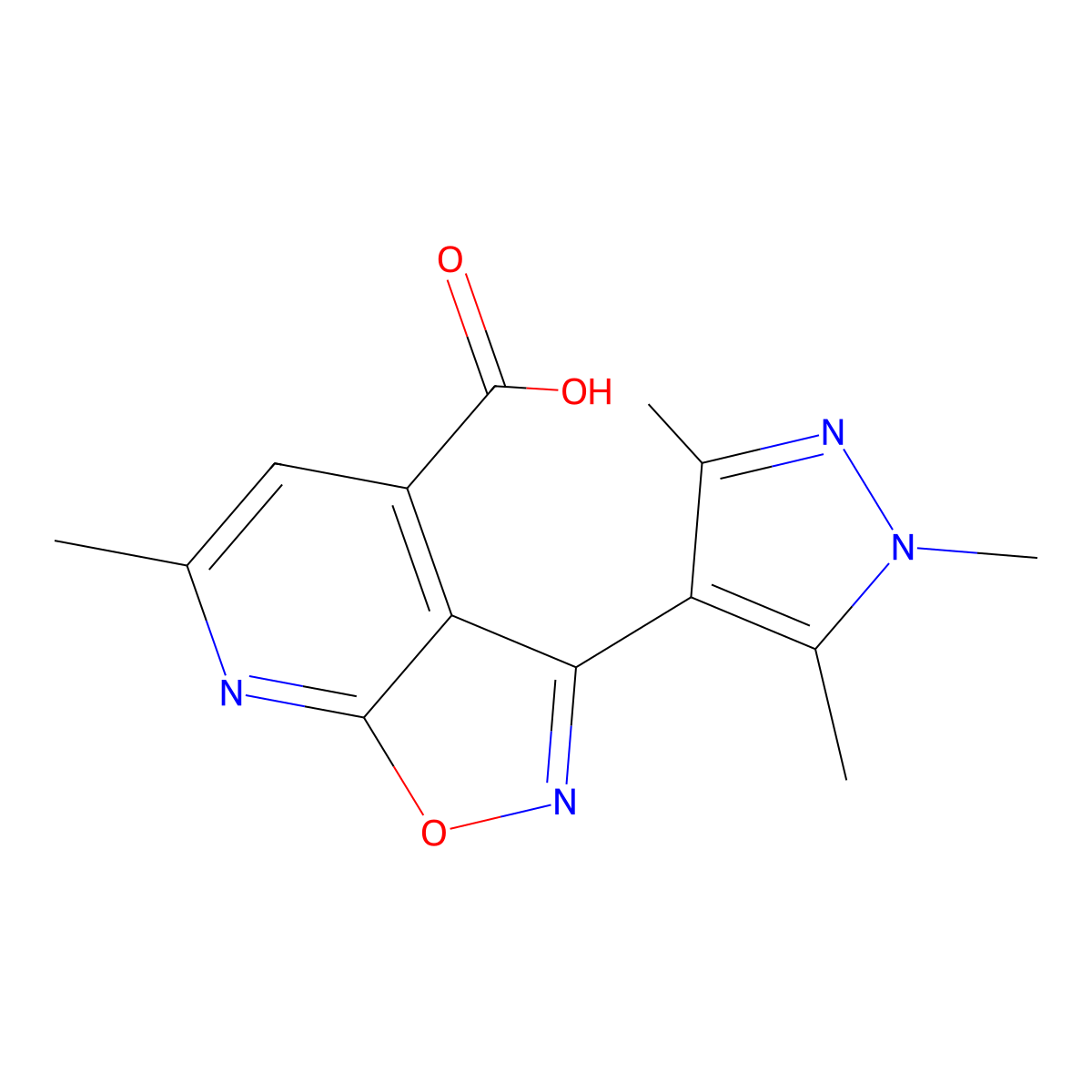 6-Methyl-3-(1,3,5-trimethyl-1H-pyrazol-4-yl)isoxazolo[5,4-b]pyridine-4-carboxylic acid molecular structure, CAS 1172878-64-6