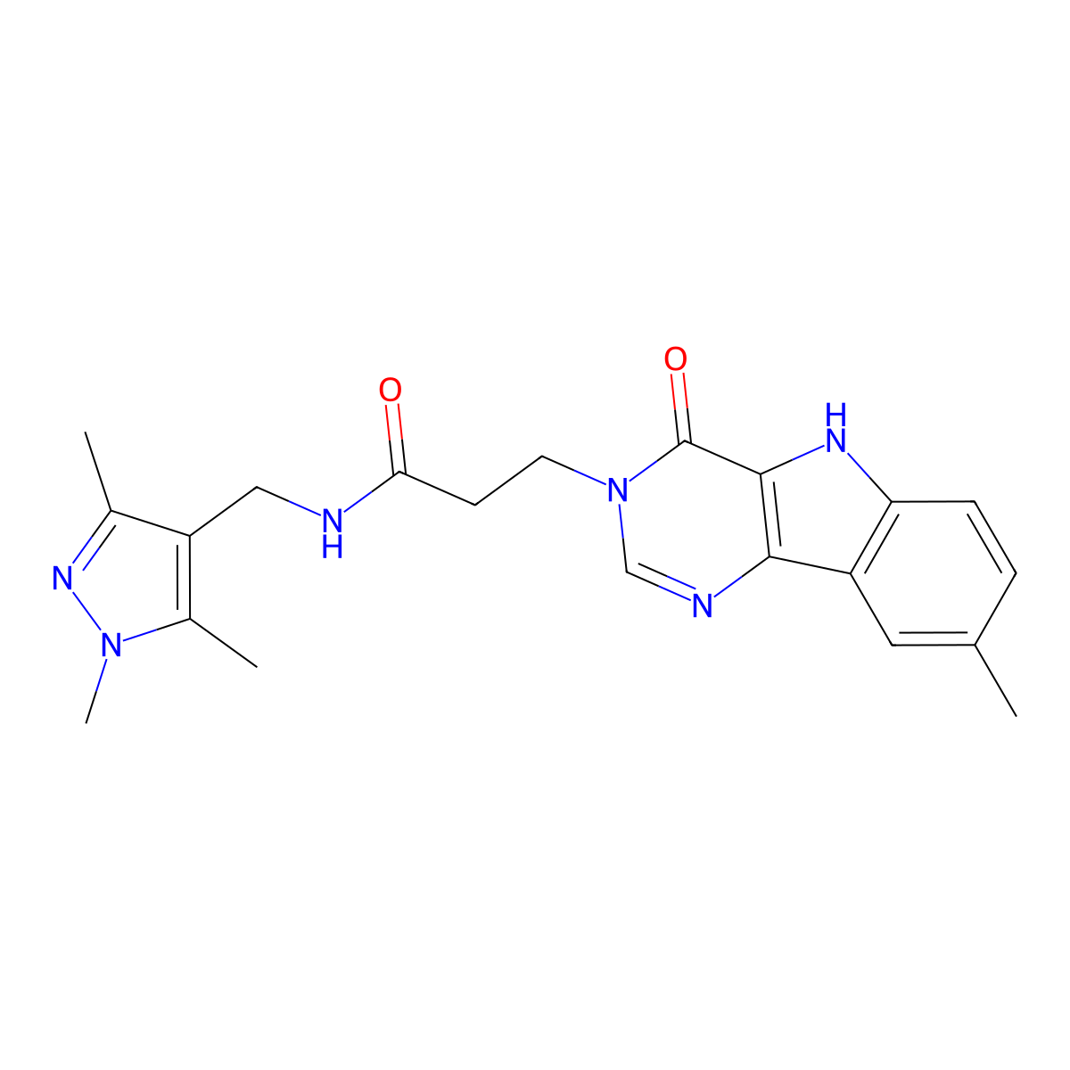 3-(8-methyl-4-oxo-4,5-dihydro-3H-pyrimido[5,4-b]indol-3-yl)-N-((1,3,5-trimethyl-1H-pyrazol-4-yl)methyl)propanamide molecular structure, CAS 1172878-84-0