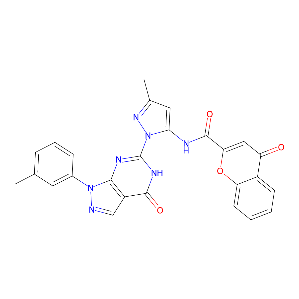 N-(3-methyl-1-(4-oxo-1-(m-tolyl)-4,5-dihydro-1H-pyrazolo[3,4-d]pyrimidin-6-yl)-1H-pyrazol-5-yl)-4-oxo-4H-chromene-2-carboxamide molecular structure, CAS 1172879-19-4