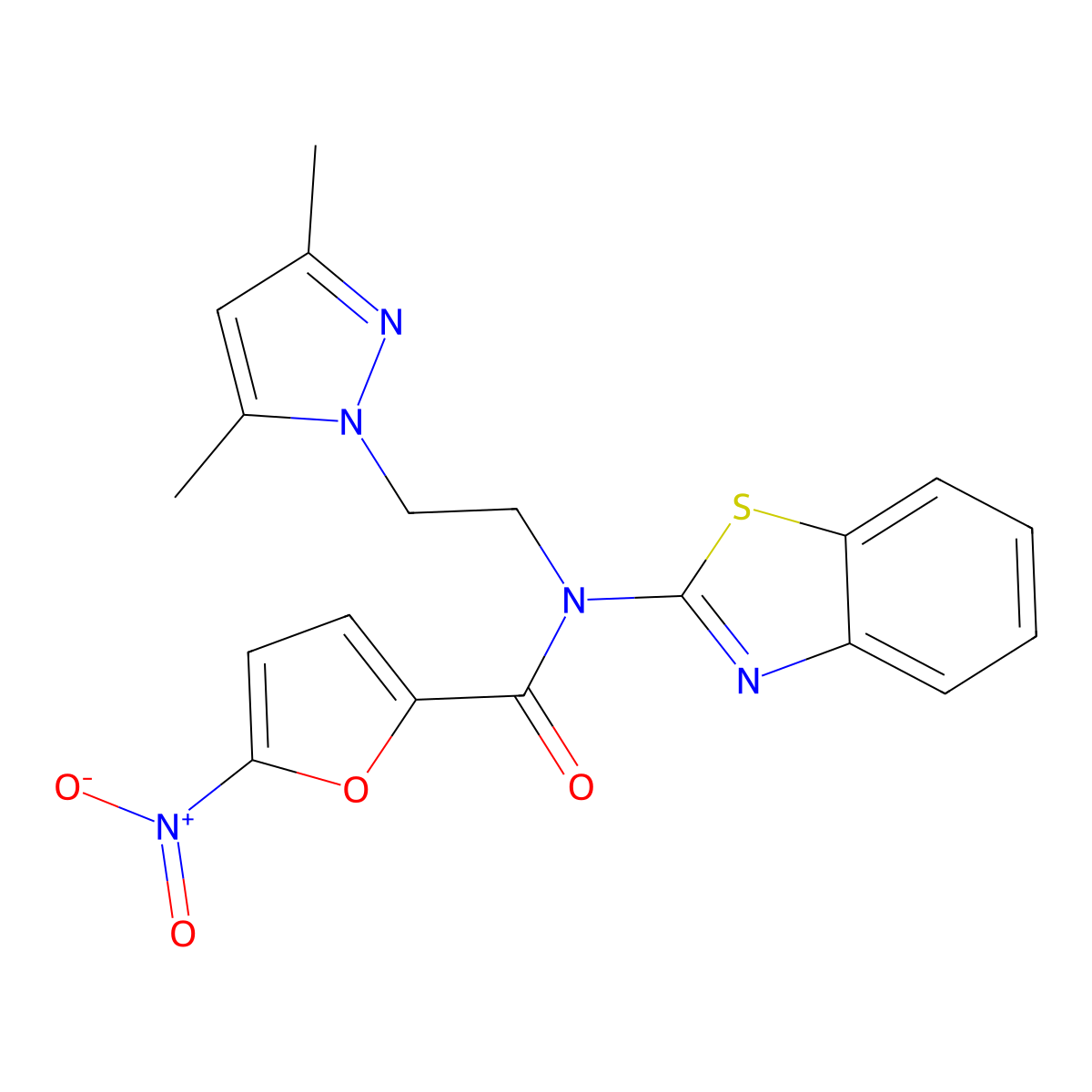 N-(benzo[d]thiazol-2-yl)-N-(2-(3,5-dimethyl-1H-pyrazol-1-yl)ethyl)-5-nitrofuran-2-carboxamide molecular structure, CAS 1172879-51-4