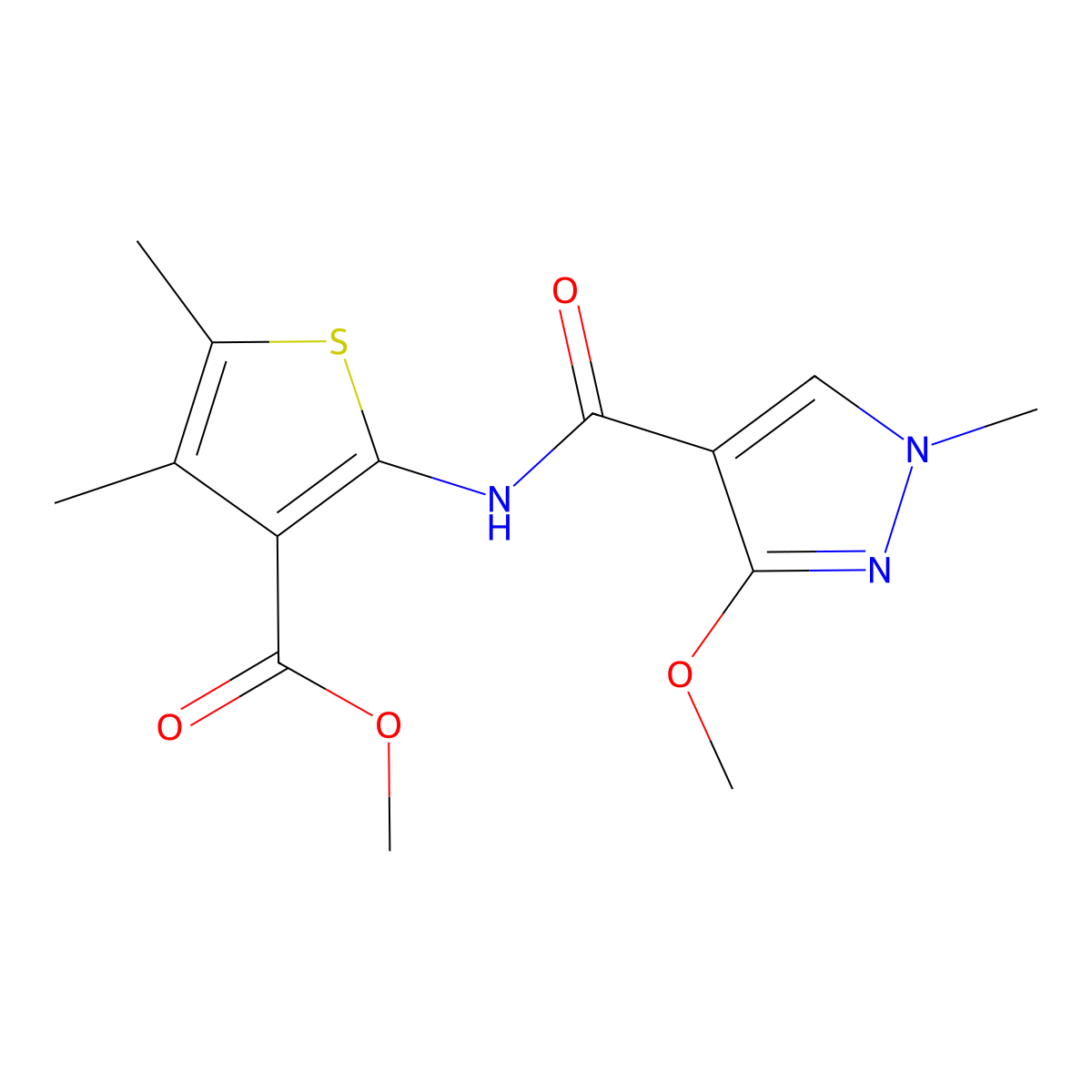 methyl 2-(3-methoxy-1-methyl-1H-pyrazole-4-carboxamido)-4,5-dimethylthiophene-3-carboxylate molecular structure, CAS 1172881-32-1