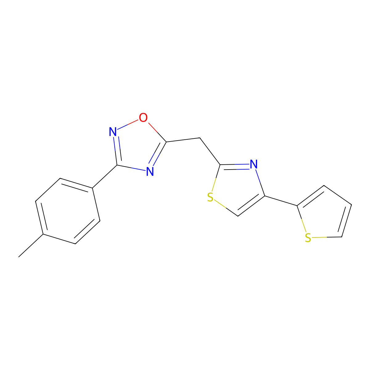 5-((4-(Thiophen-2-yl)thiazol-2-yl)methyl)-3-(p-tolyl)-1,2,4-oxadiazole molecular structure, CAS 1172883-96-3