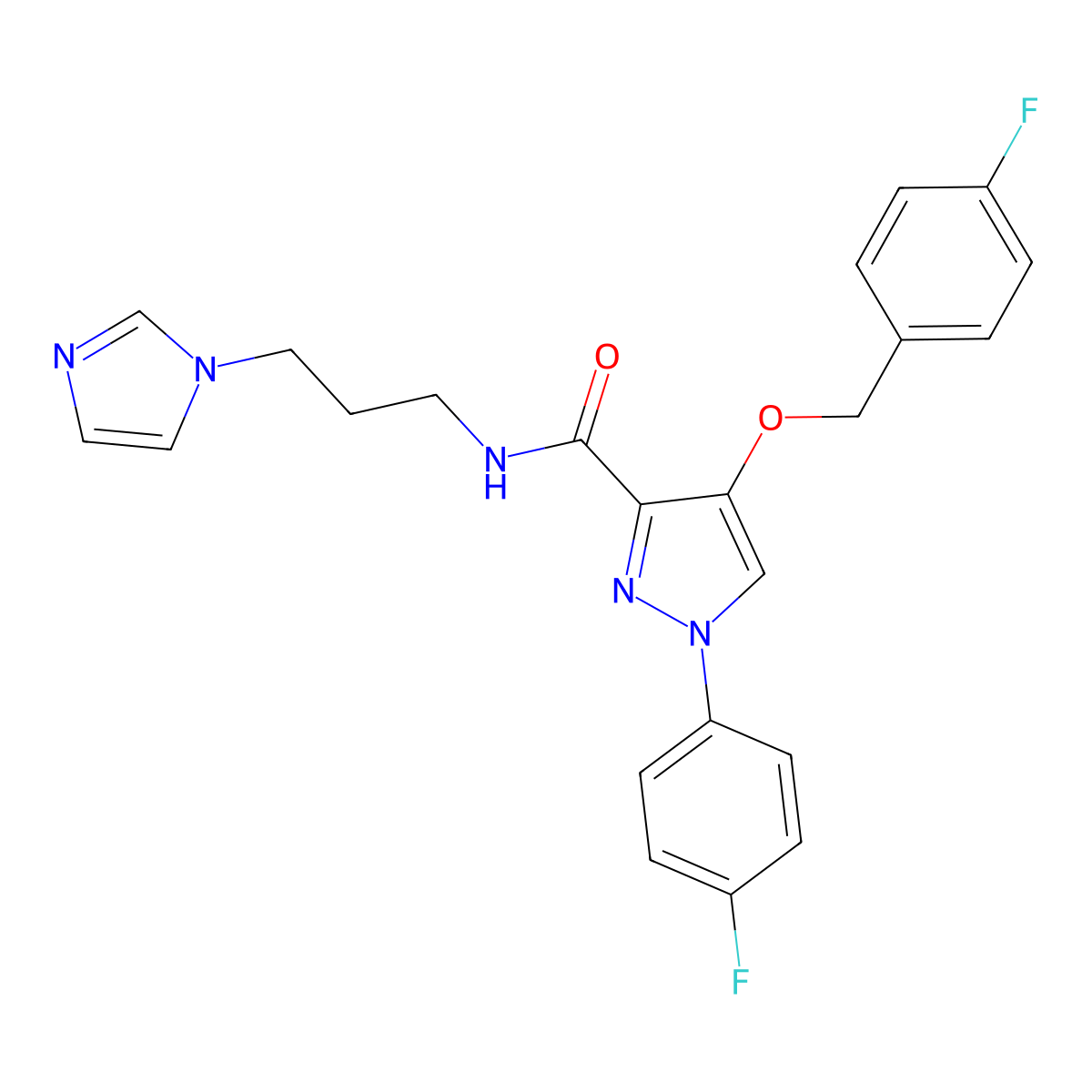 N-(3-(1H-imidazol-1-yl)propyl)-4-((4-fluorobenzyl)oxy)-1-(4-fluorophenyl)-1H-pyrazole-3-carboxamide molecular structure, CAS 1172884-21-7